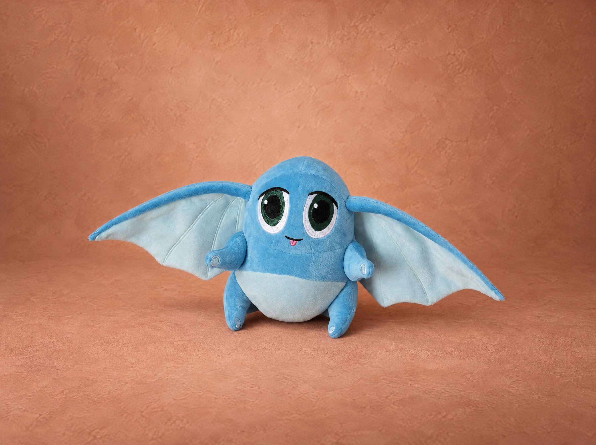 Blue custom character plush with huge bat-wing ears and green embroidered eyes, made to order from a designer's sketches