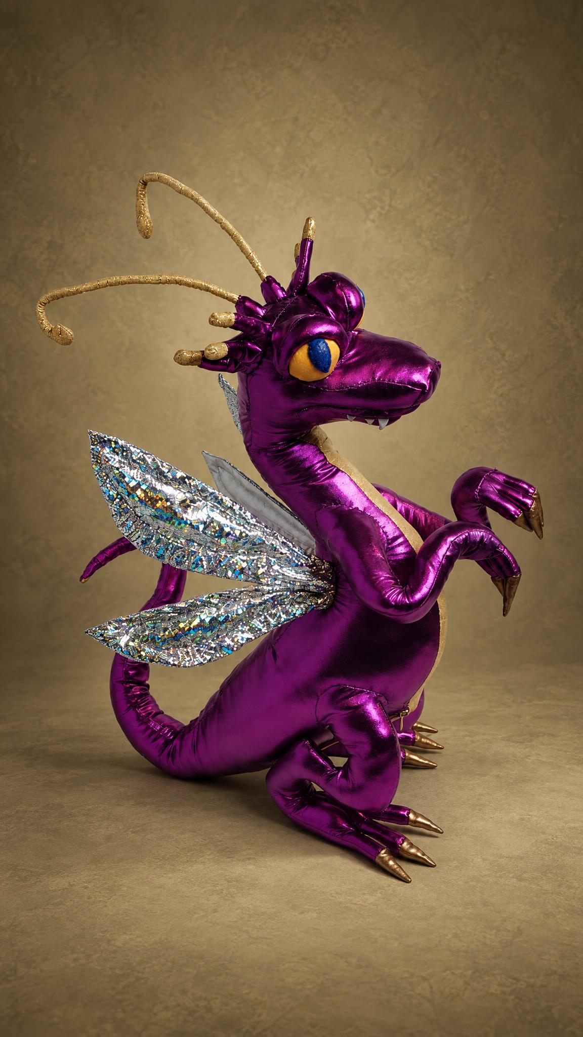Custom Heroes 3 Faerie Dragon plush with gold antennae, yellow eyes and sparkly wings, sewn by hand to order