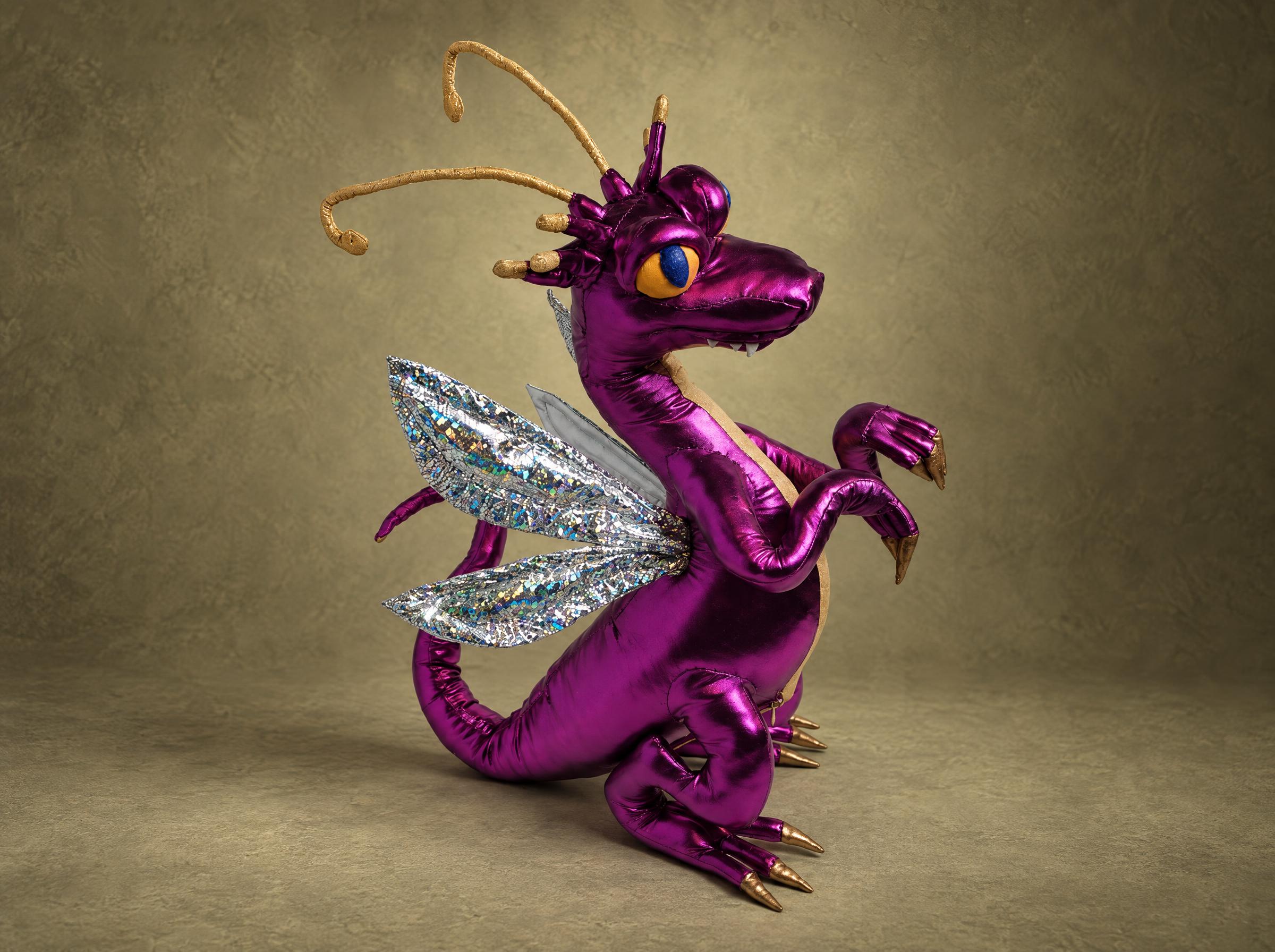 Faerie Dragon plush from Heroes 3, shiny purple with silver wings, handmade to order as a birthday gift
