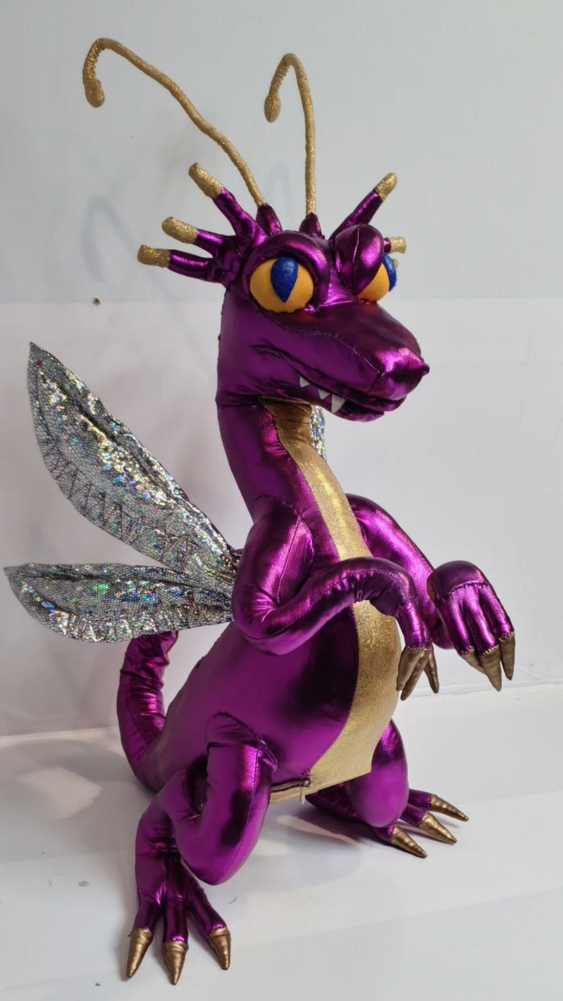 Handmade Heroes 3 Faerie Dragon plush, shiny purple with a gold belly and silver wings, made to order