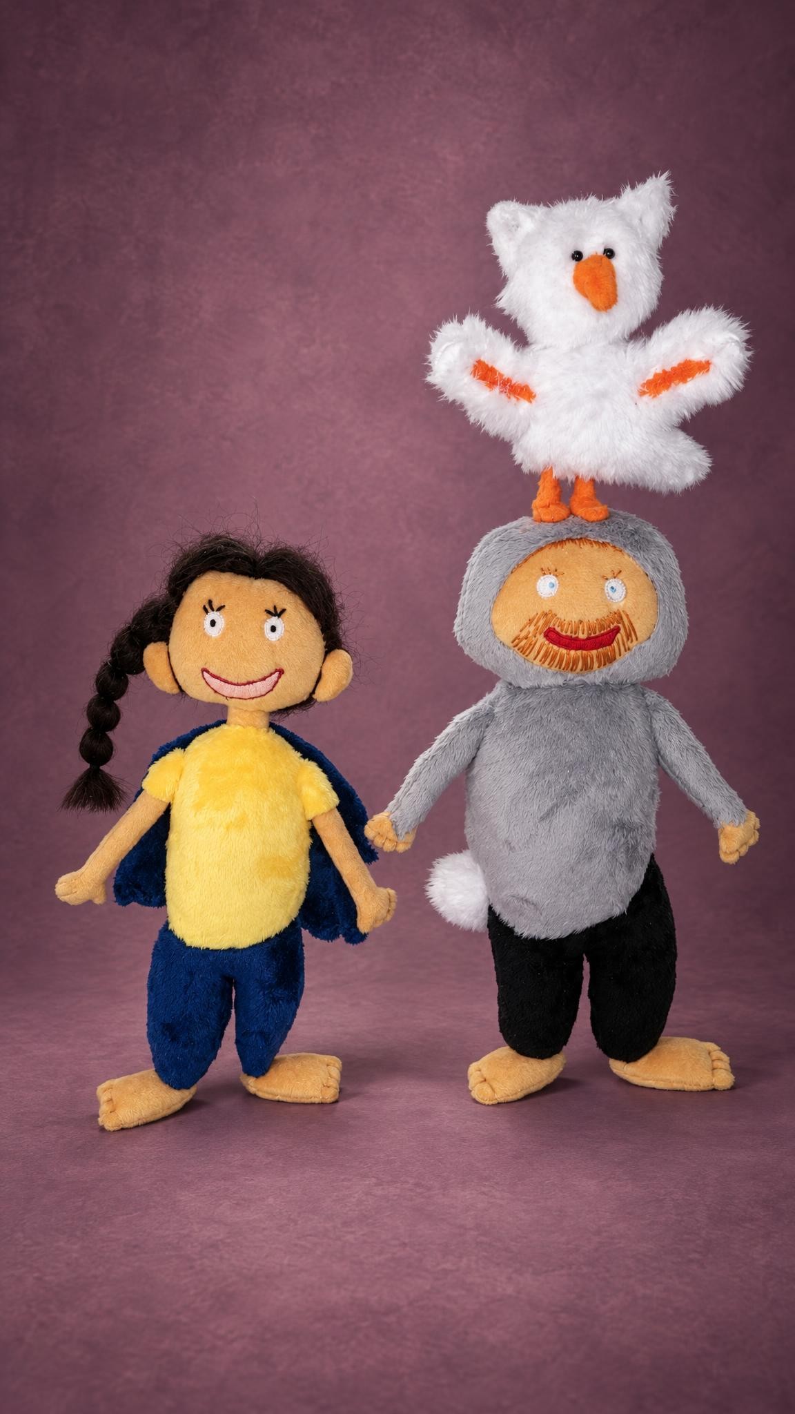 Plush girl doll and bearded man doll holding hands, a white bird on his head, made to order from a kid's drawing