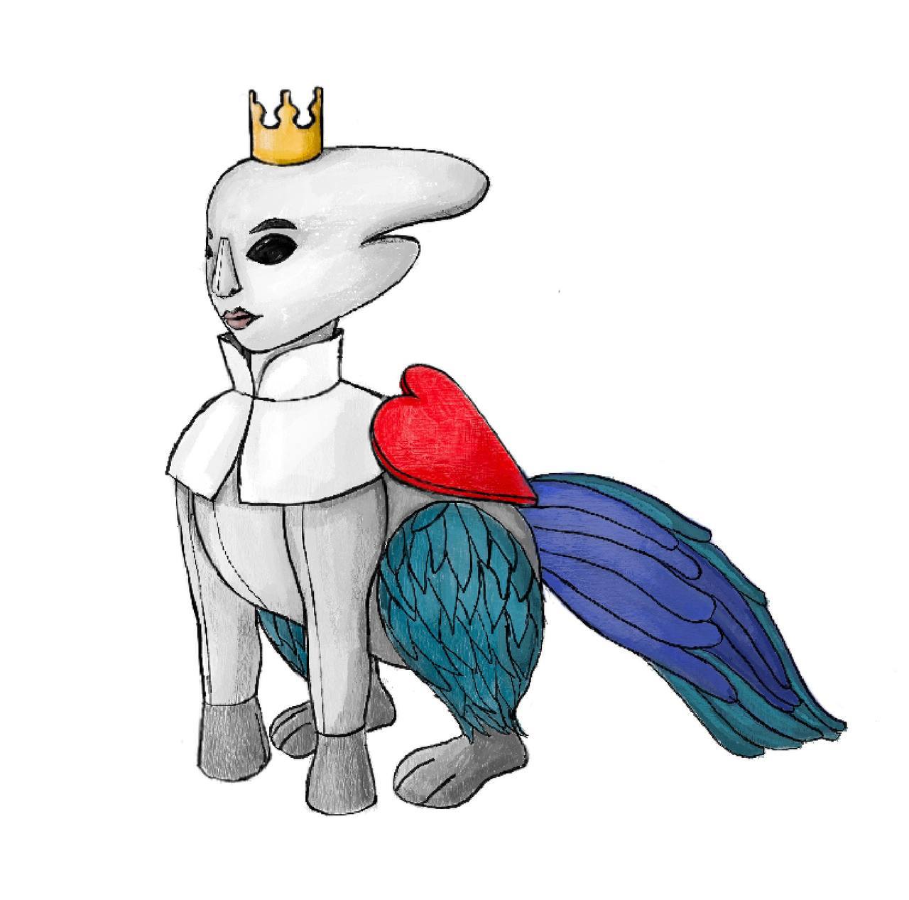 Fantasy creature sketch by our artist, drawn before felting Our artist's sketch of the crowned fantasy creature with a red heart and blue tail, drawn before felting