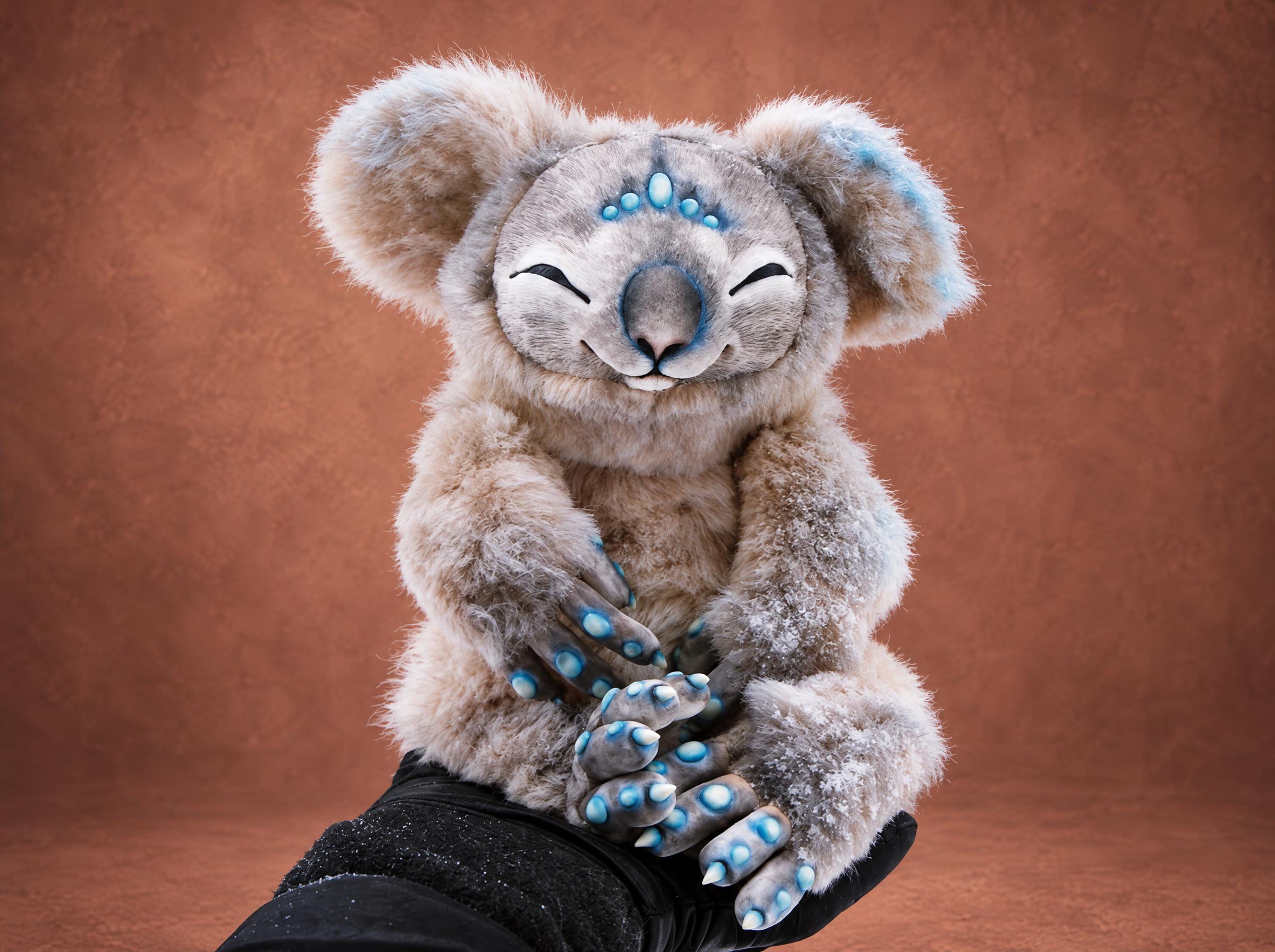 Fantasy koala plush with closed eyes, a calm smile and turquoise spots on his paws, handmade to order