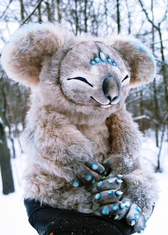 Fantasy koala plush with a sleepy smile Fantasy koala plush with a sleepy smile and shaggy pale faux fur, sewn by hand to order