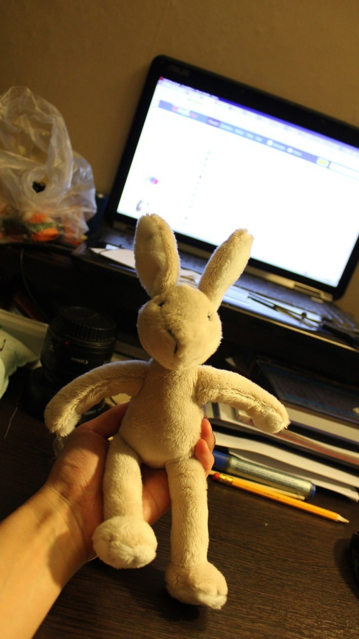 Handmade copy of a favourite bunny plush with long ears and dangly legs, made to order