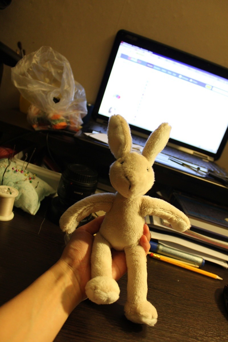 Smaller copy of a favourite bunny plush Smaller copy of a favourite bunny plush with long ears and dangly arms, sewn by hand to order