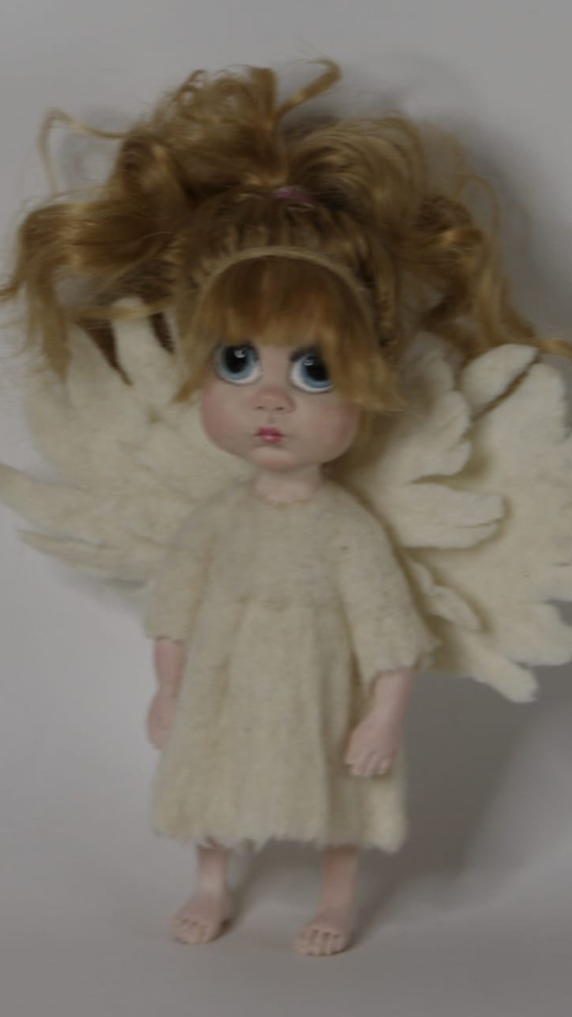Felted angel doll with honey-blond curls, cream wool wings and a felted dress, made to order