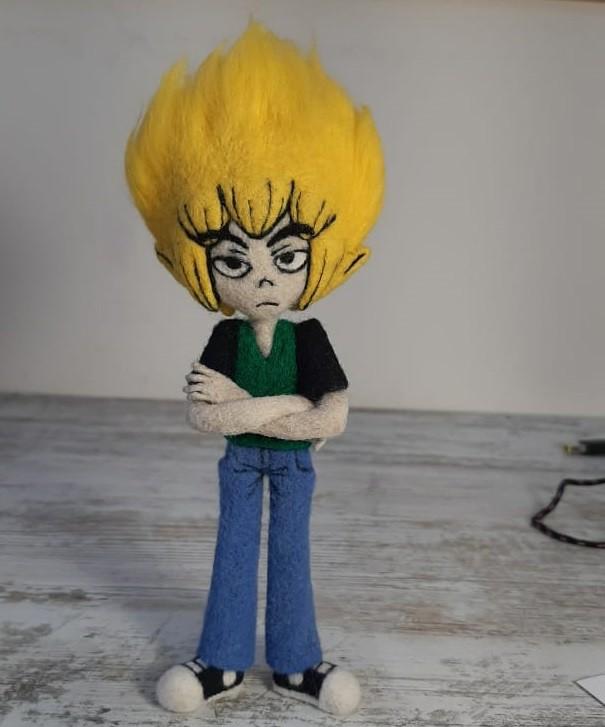 Custom felted anime boy doll Custom anime boy doll felted from wool, spiky yellow hair, black and white sneakers, made to order