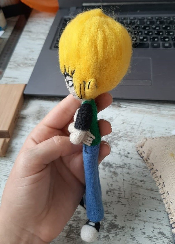 Felted anime doll with yellow wool hair Felted anime doll with a big crown of lemon-yellow wool hair and slim blue felt legs, made to order