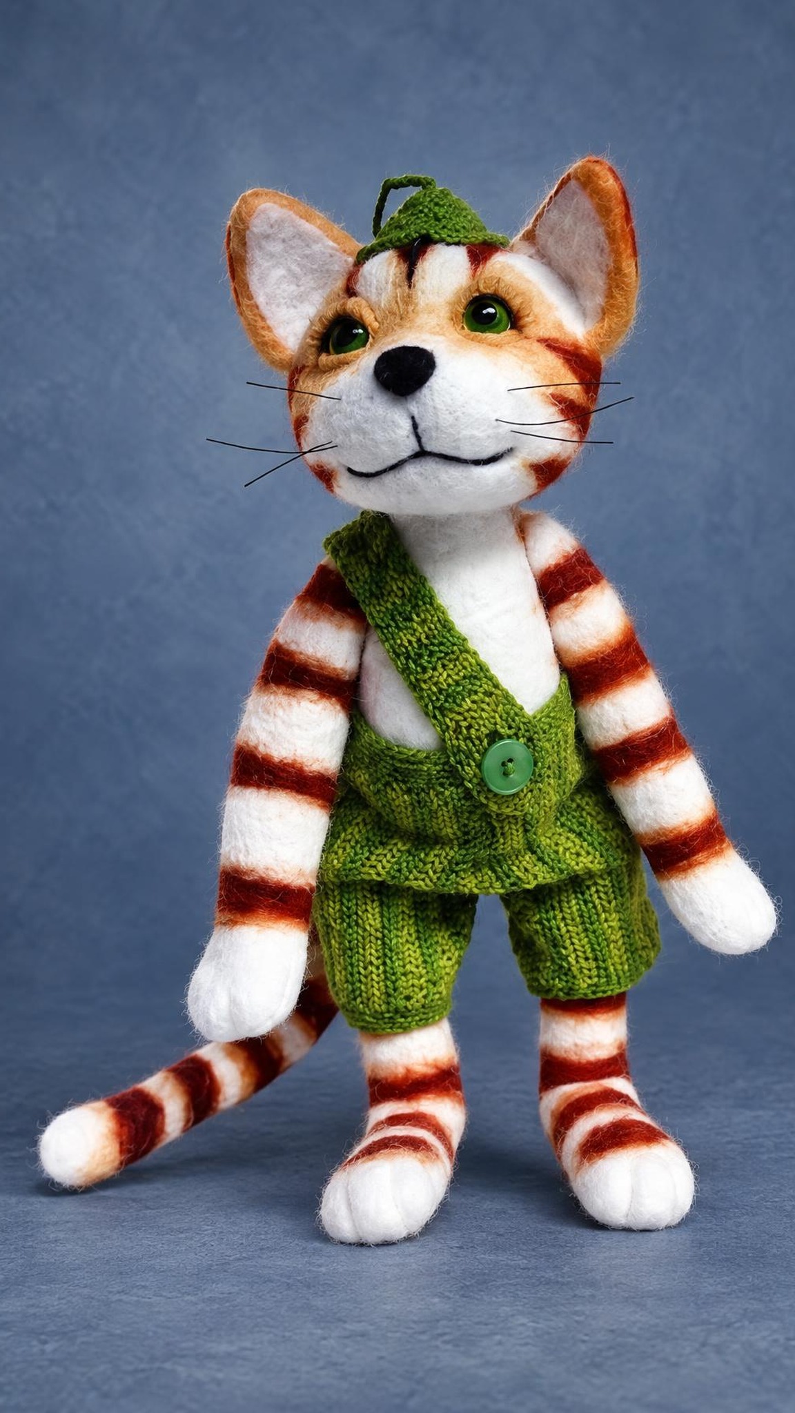 Needle felted Findus cat toy from the Pettson books, knitted green trousers and a striped tail, made to order