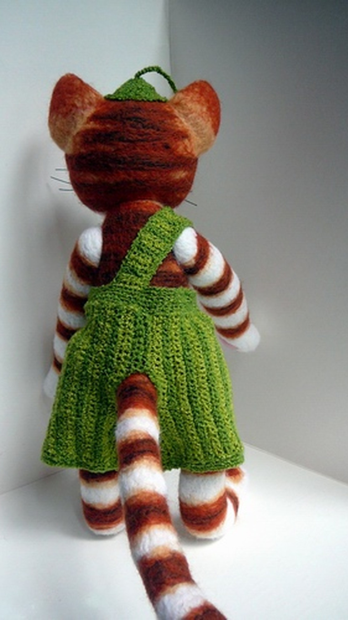 Felted Findus with a long striped tail and knitted trousers with a strap, Pettson and Findus toy made to order