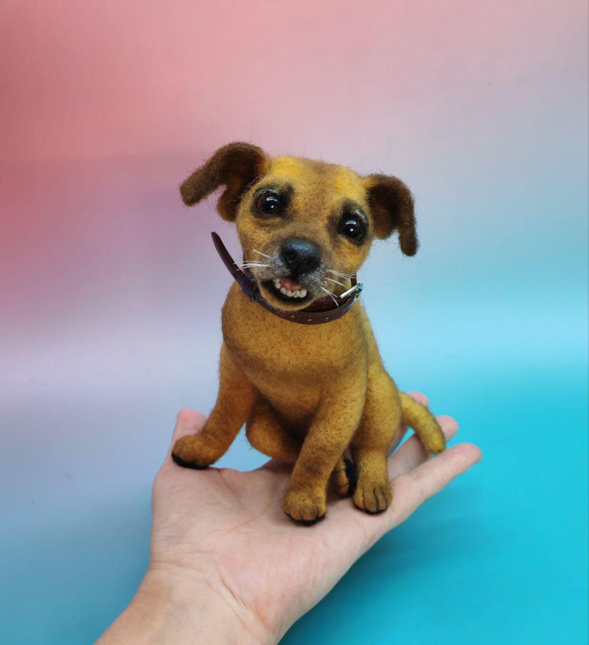 Felted memorial dog in the hand Small needle-felted memorial dog sitting on a palm, golden fur and brown collar, a pet keepsake made to order