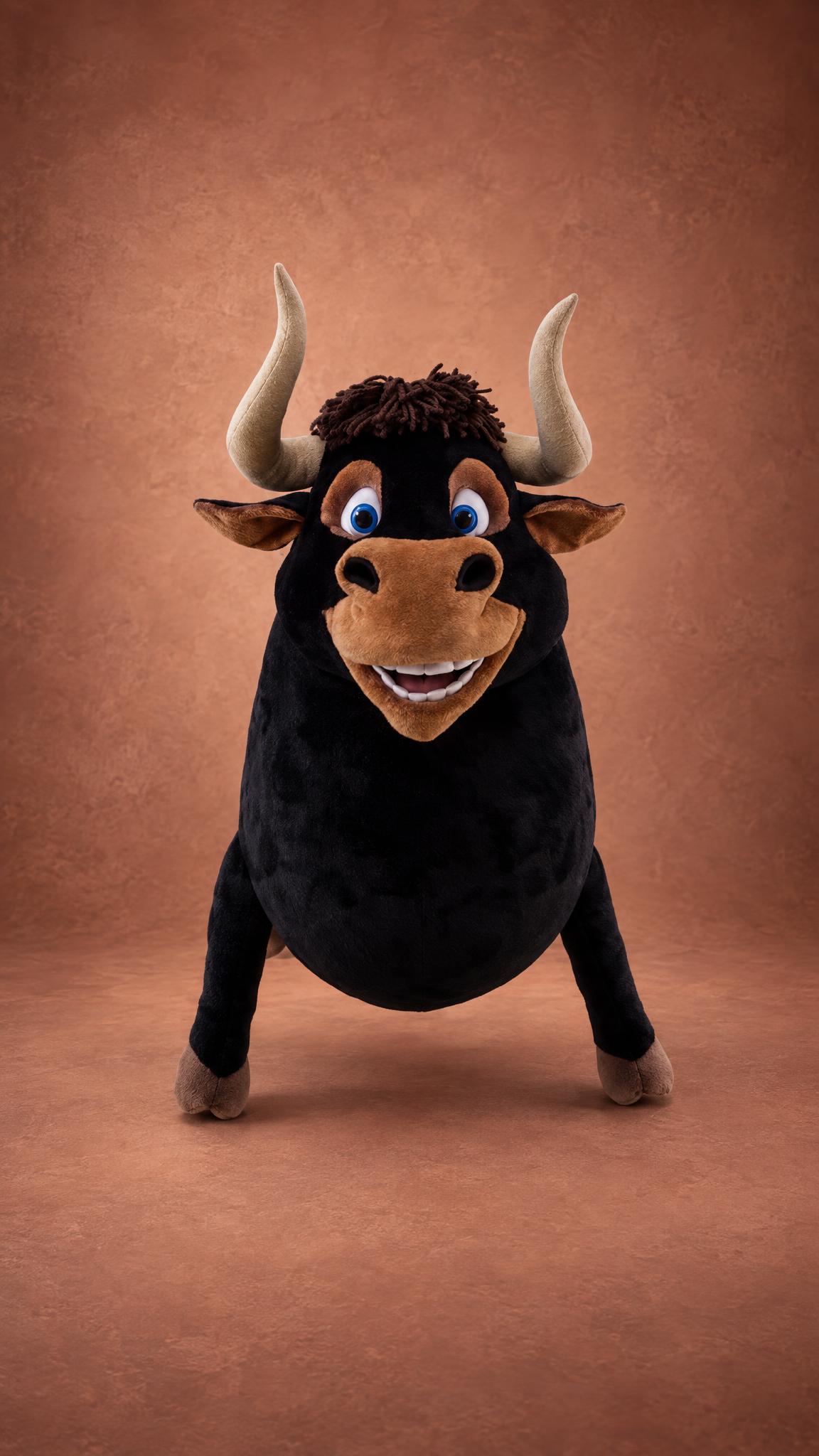 Custom Ferdinand plush over 90 cm tall, black bull with blue eyes and soft beige horns, sewn to order