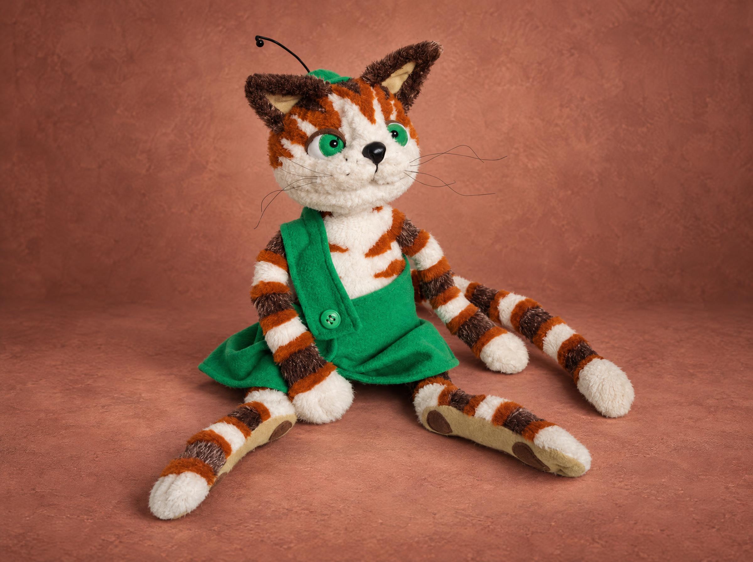 Findus the cat plush from Pettson and Findus in faux fur with green overalls and a cap antenna, sewn to order
