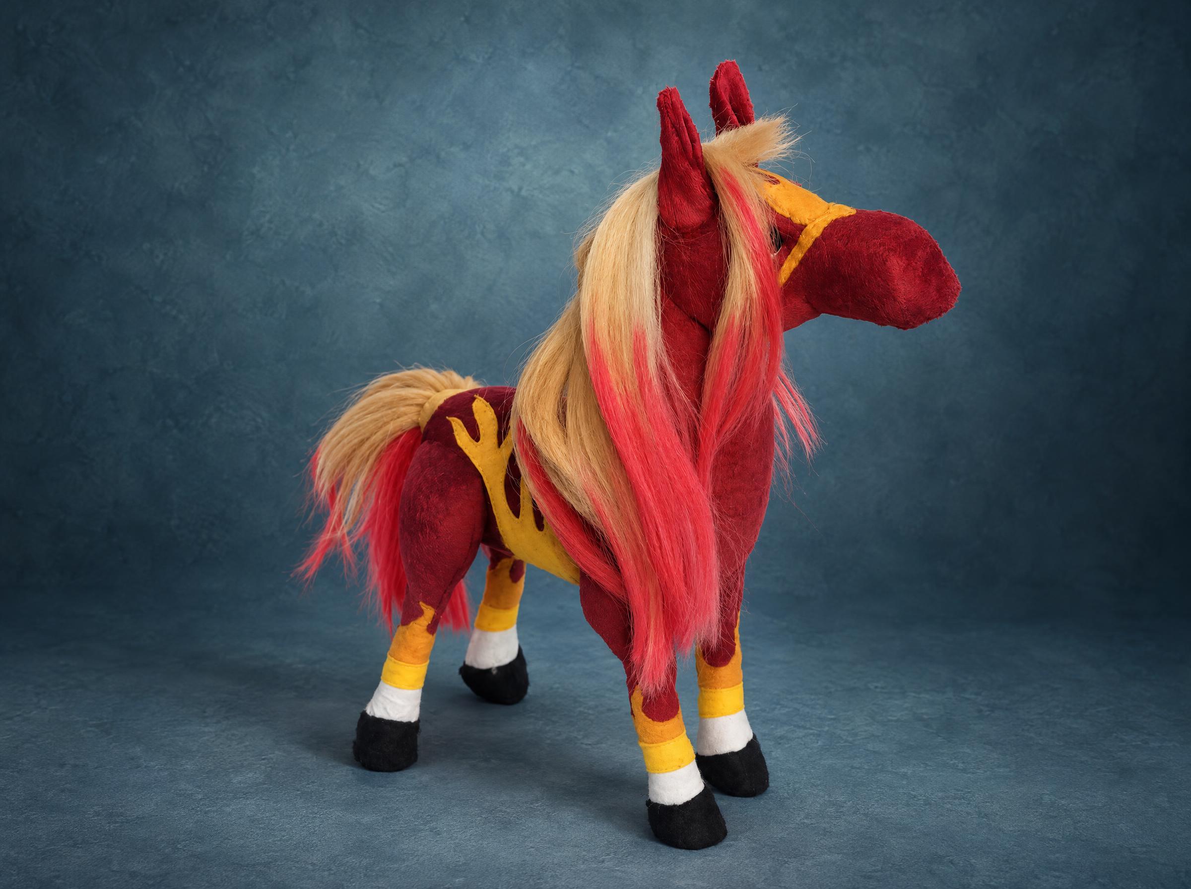 Fire horse plush in burgundy with yellow flame appliques and a long blonde-to-red mane, handmade to order