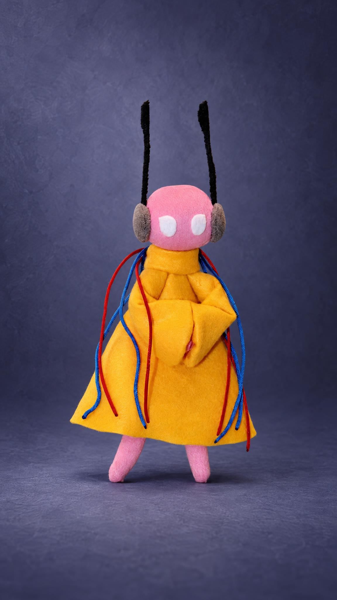 Handmade Five Pebbles plush, the Rain World iterator, yellow robe, black antennae and neck cords, made to order