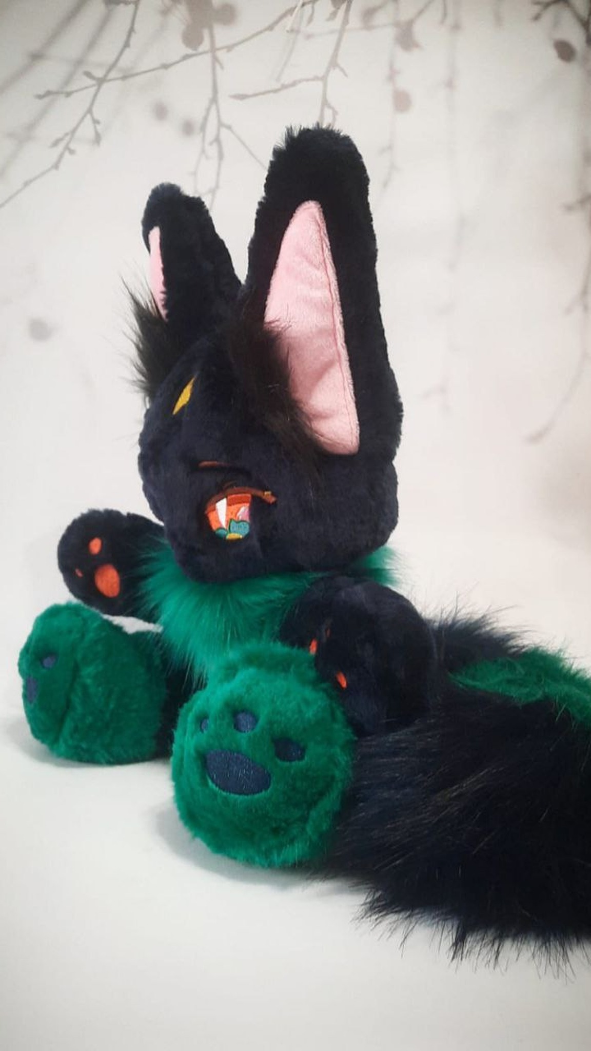 Handmade fox plush in black and green faux fur, sewn to order from a photo, long fluffy tail and pink ears