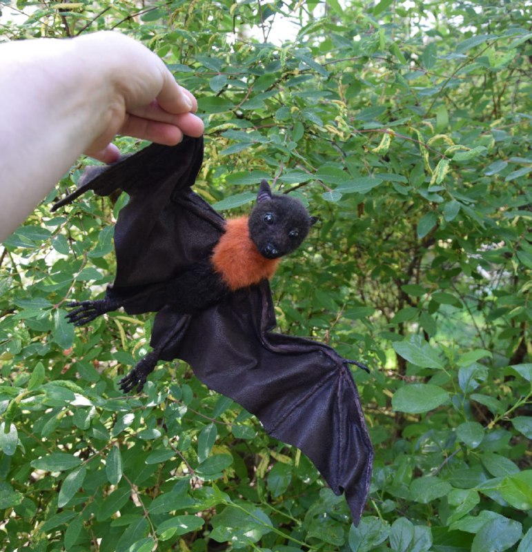 Flying fox plush, handmade Flying fox plush in flight pose, wings open, orange collar and black faux fur, realistic bat made to order