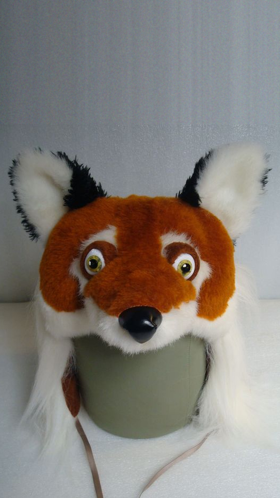 Fox costume hood with a rust-orange faux fur face, yellow eyes and white ears with black tips, made to order
