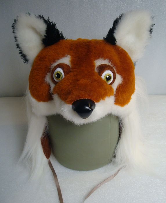 Fox costume hood with a rust-orange faux fur face, yellow eyes and white ears with black tips, made to order