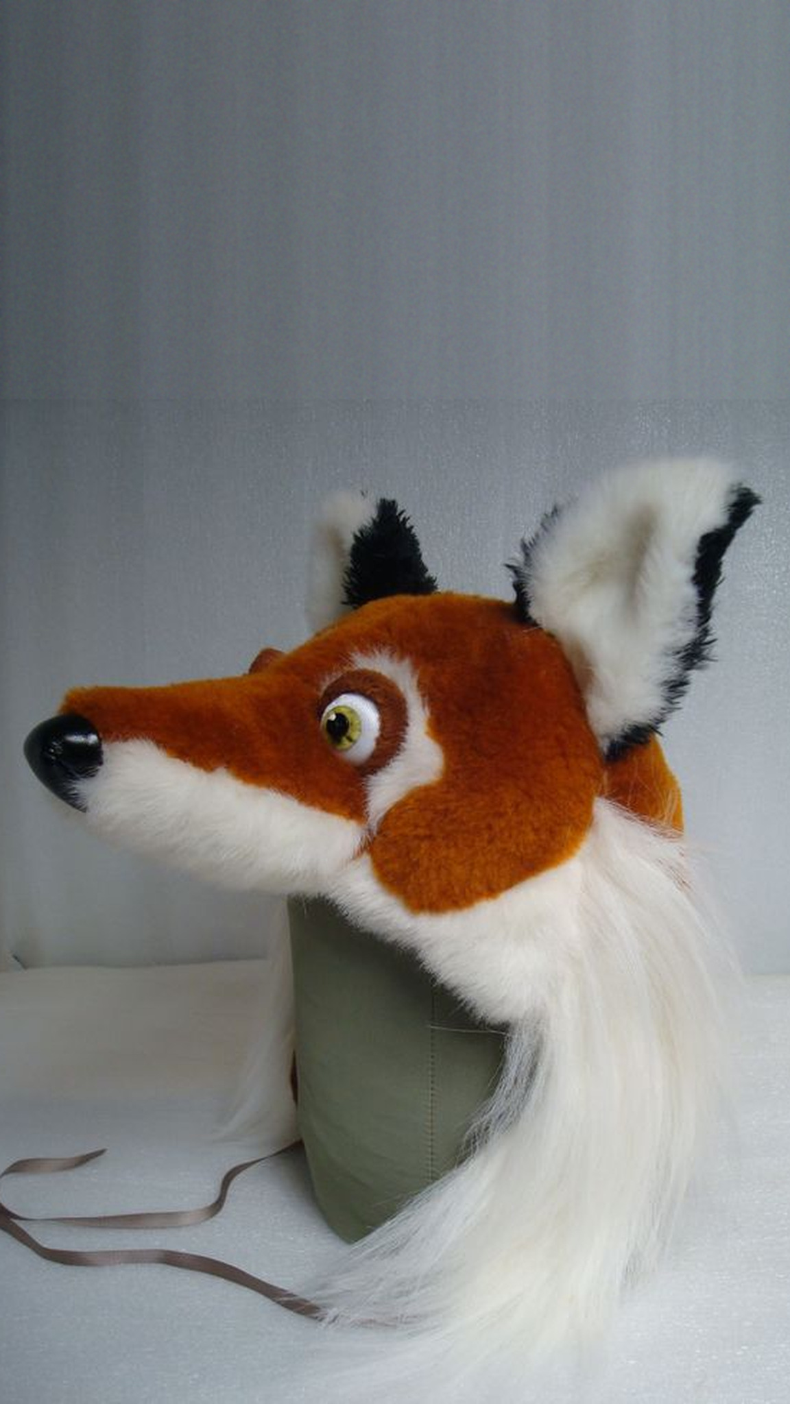 Kids fox costume hood with a long snout, black nose and a long white faux fur mane with ribbon ties, handmade
