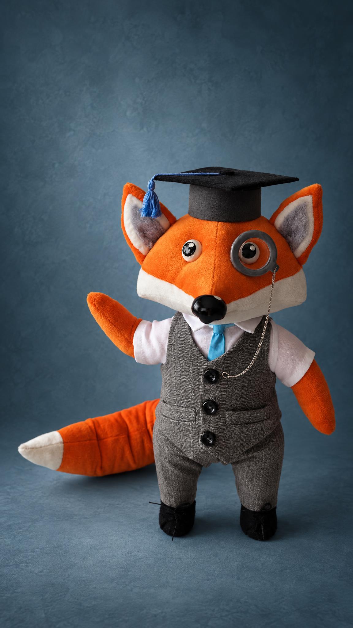 Custom fox mascot plush with a monocle and graduation cap, in a vest and tie, sewn by hand to order
