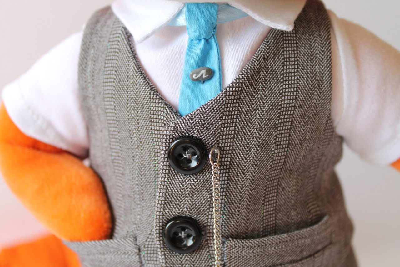 Fox mascot plush outfit, sewn to size Herringbone vest, white shirt and blue tie with a tie clip, sewn to size for a custom fox mascot plush