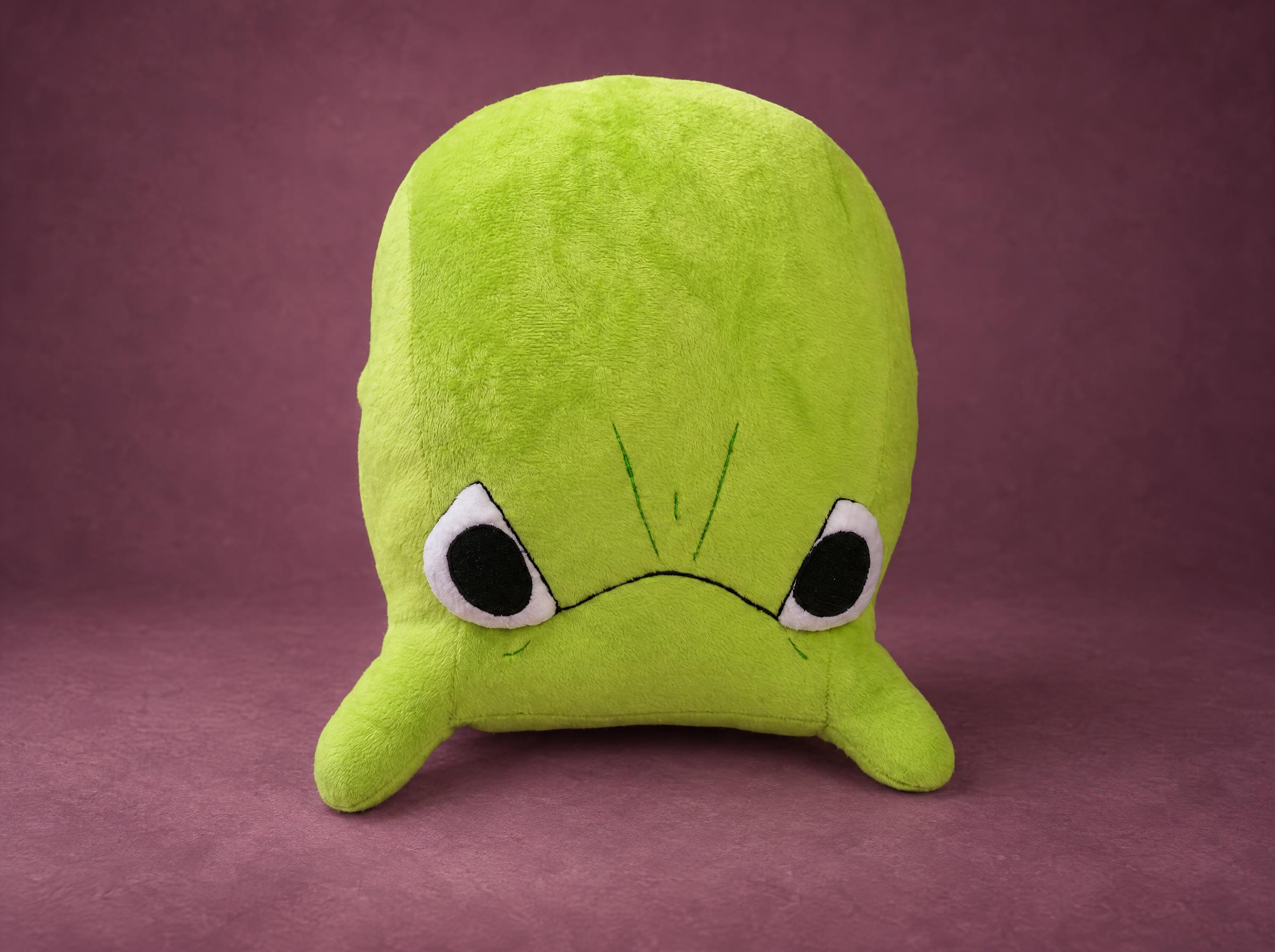 Handmade frog emoji plush, lime-green grumpy toad with white eyes and a stitched frown, made to order