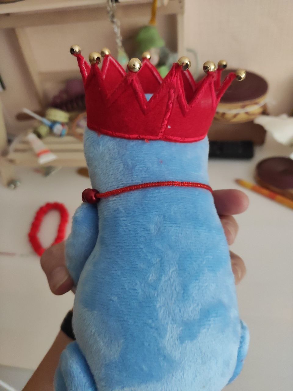 Crown of the frog princess plush Red crown with gold beads on the frog princess plush, light-blue plush back, custom toy from a sticker