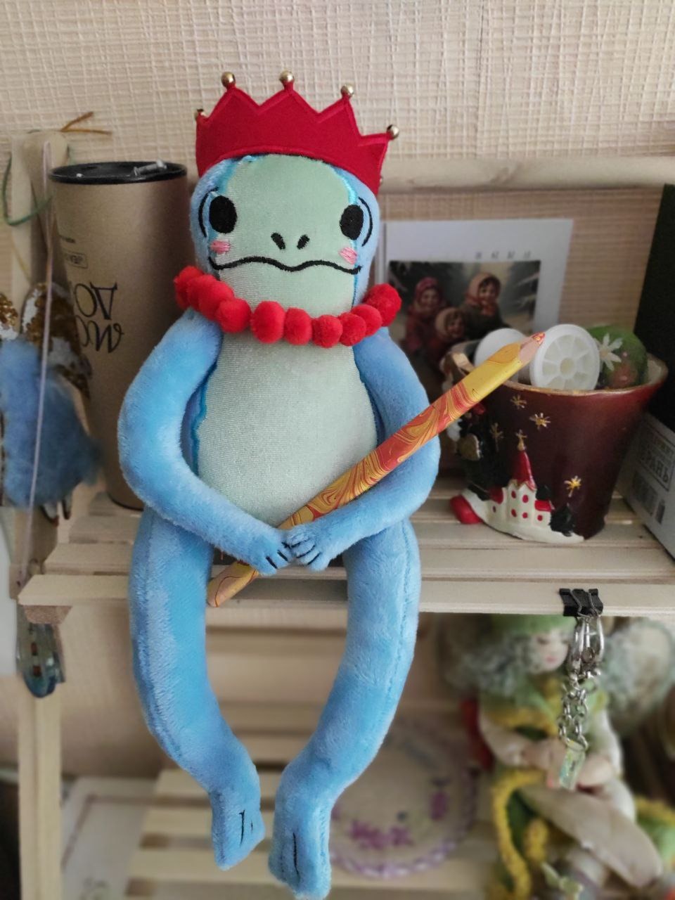 Frog princess plush with a pencil sceptre Frog princess plush holding a pencil like a sceptre, red crown with gold beads, custom sticker toy
