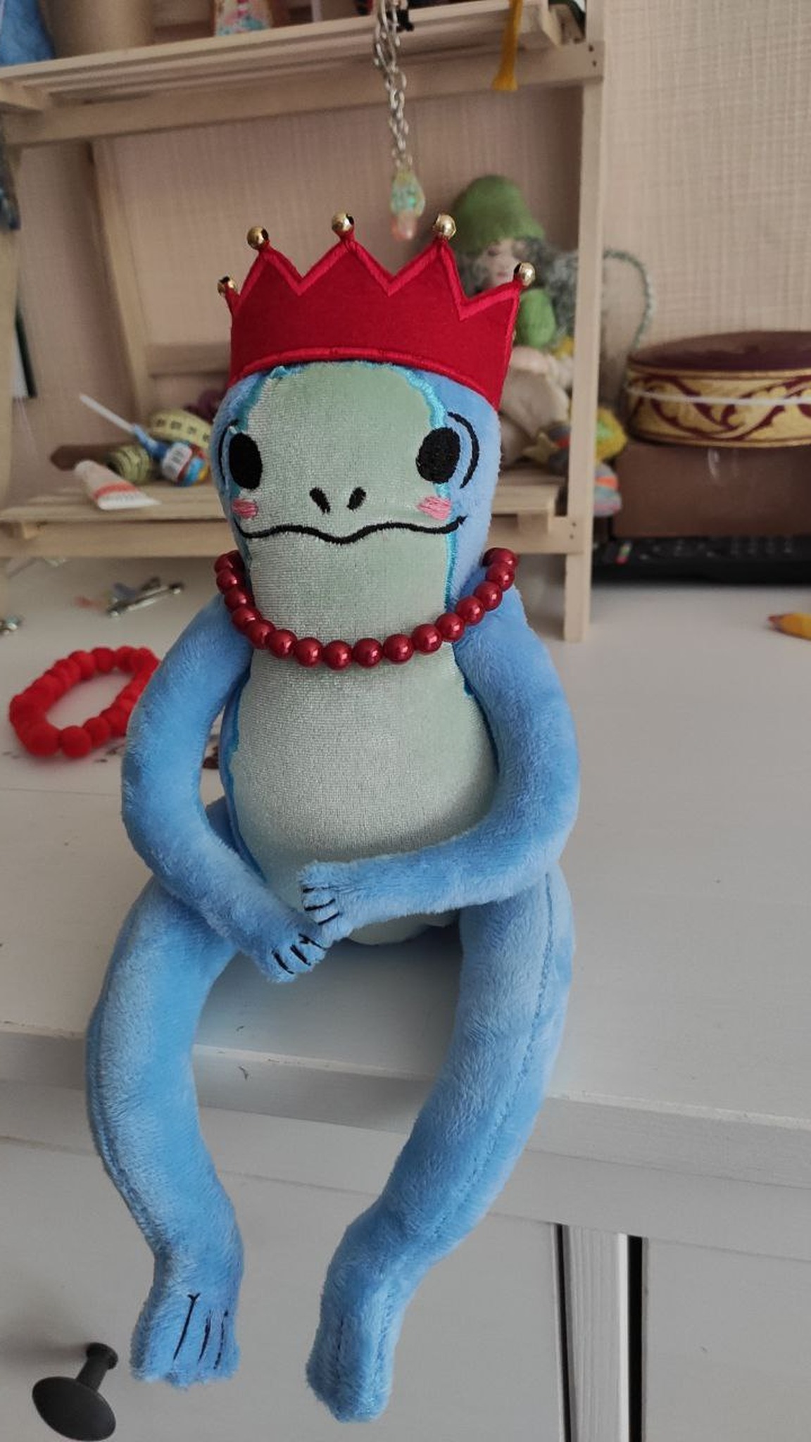 Frog princess plush with a red bead necklace instead of pom-poms, blue sticker toy sewn to order