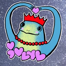 Sticker reference for the frog princess plush The messenger sticker this frog princess plush was made from: blue frog in a red crown inside a ring of hearts