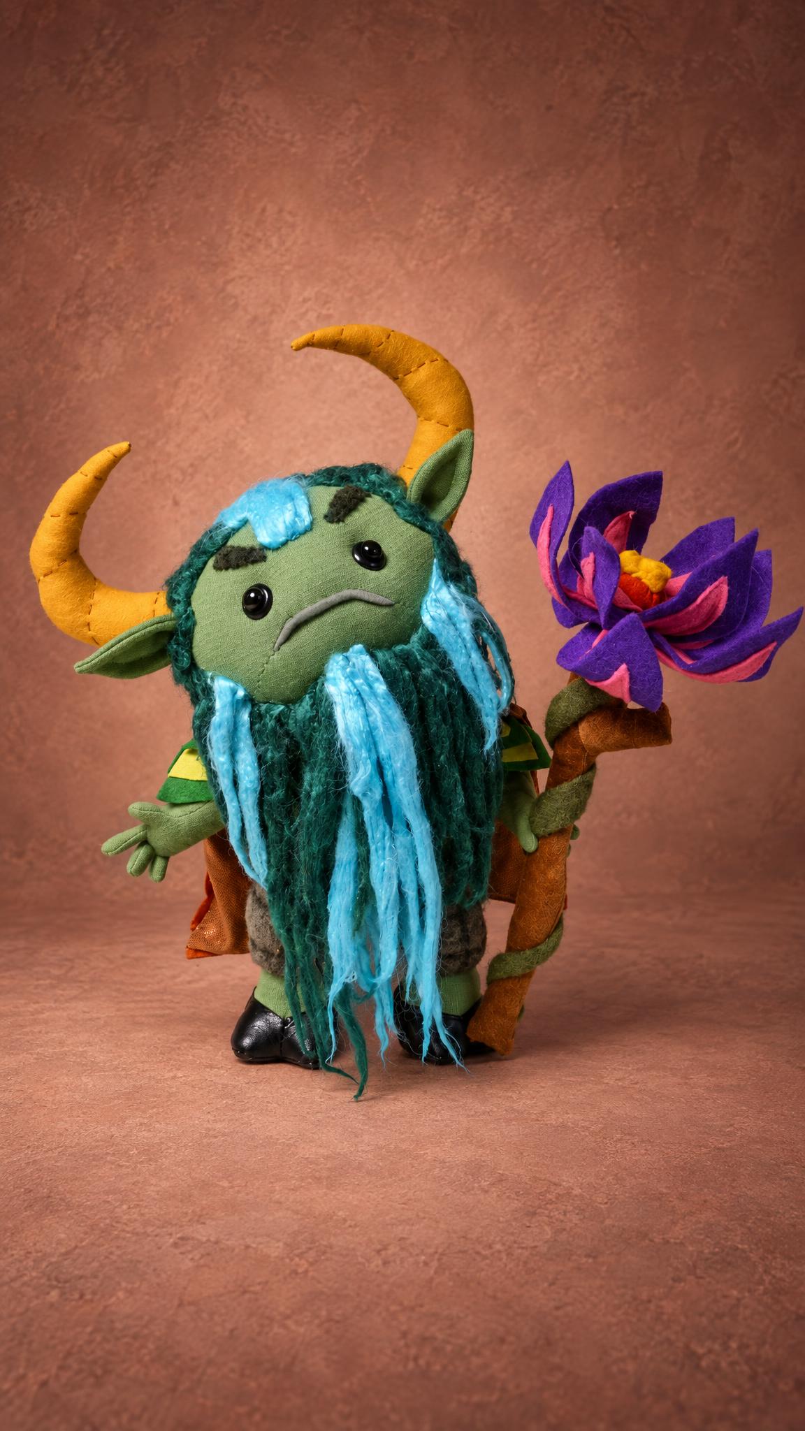 Custom Furion plush, Nature's Prophet from Dota 2, holding a purple flower staff, sewn by hand to order