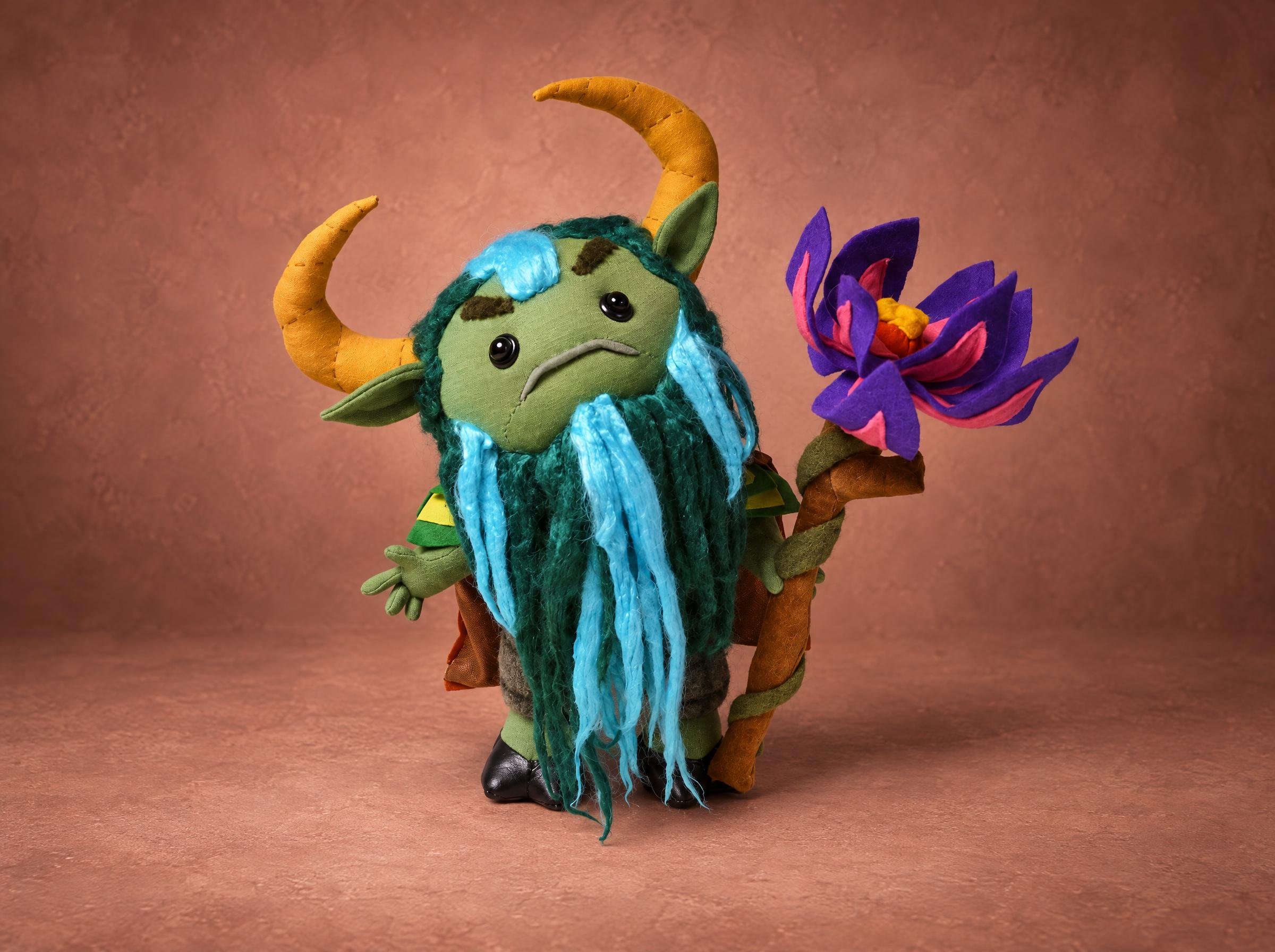 Furion plush from Dota 2 with yellow horns, turquoise beard and purple flower staff, handmade to order