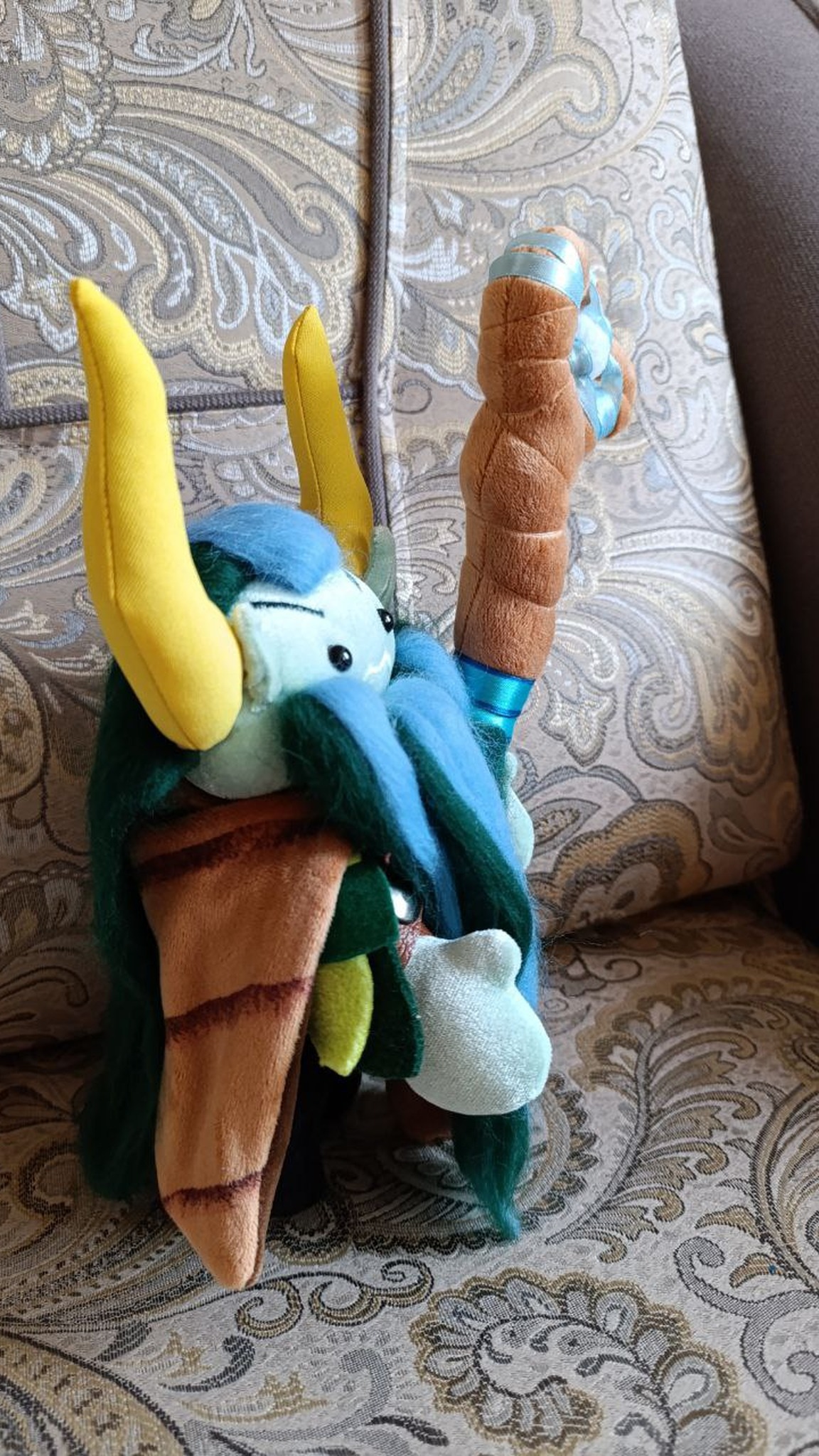 Furion plush from Dota 2 with yellow horns, brown cloak and ribbon-wrapped staff, handmade to order