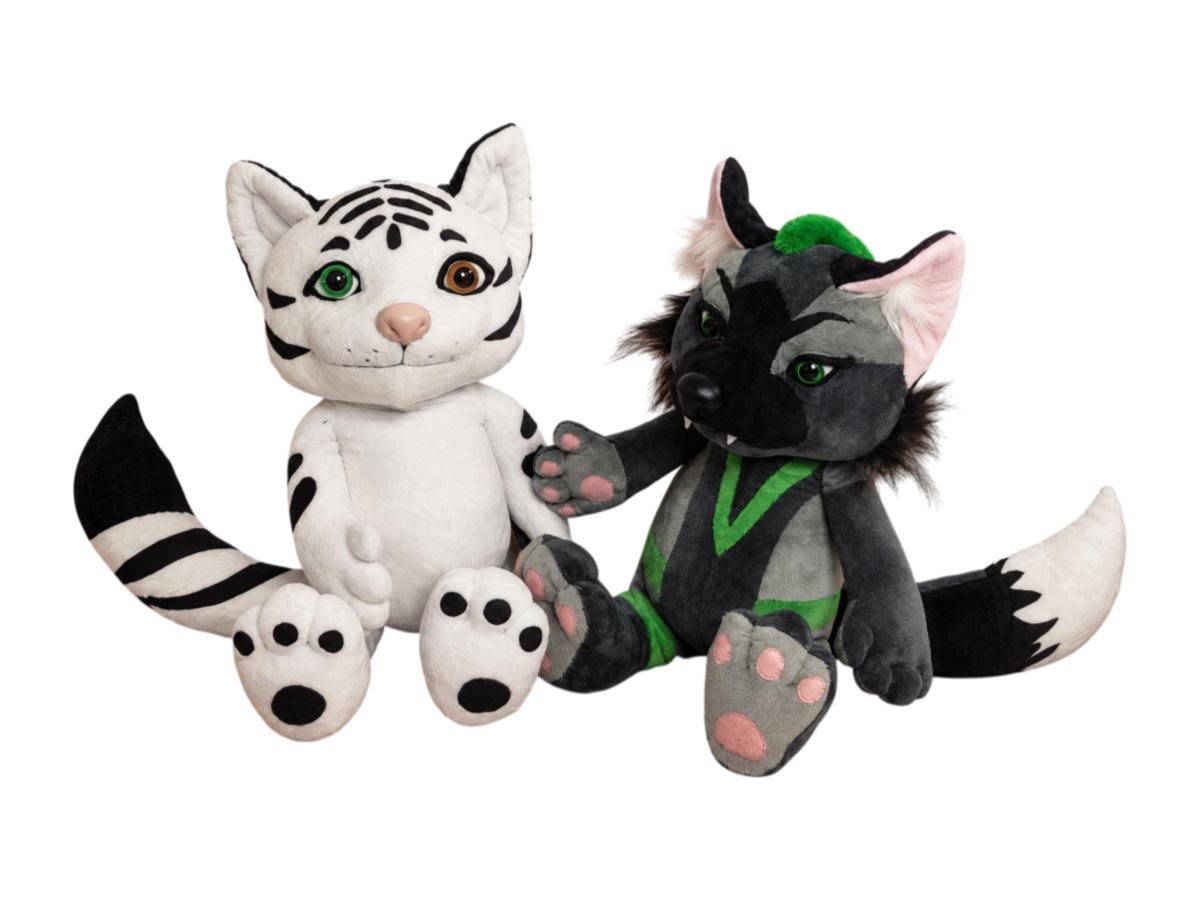 Fursona plush pair made to order: a white tiger with odd eyes and a grey fox with green markings