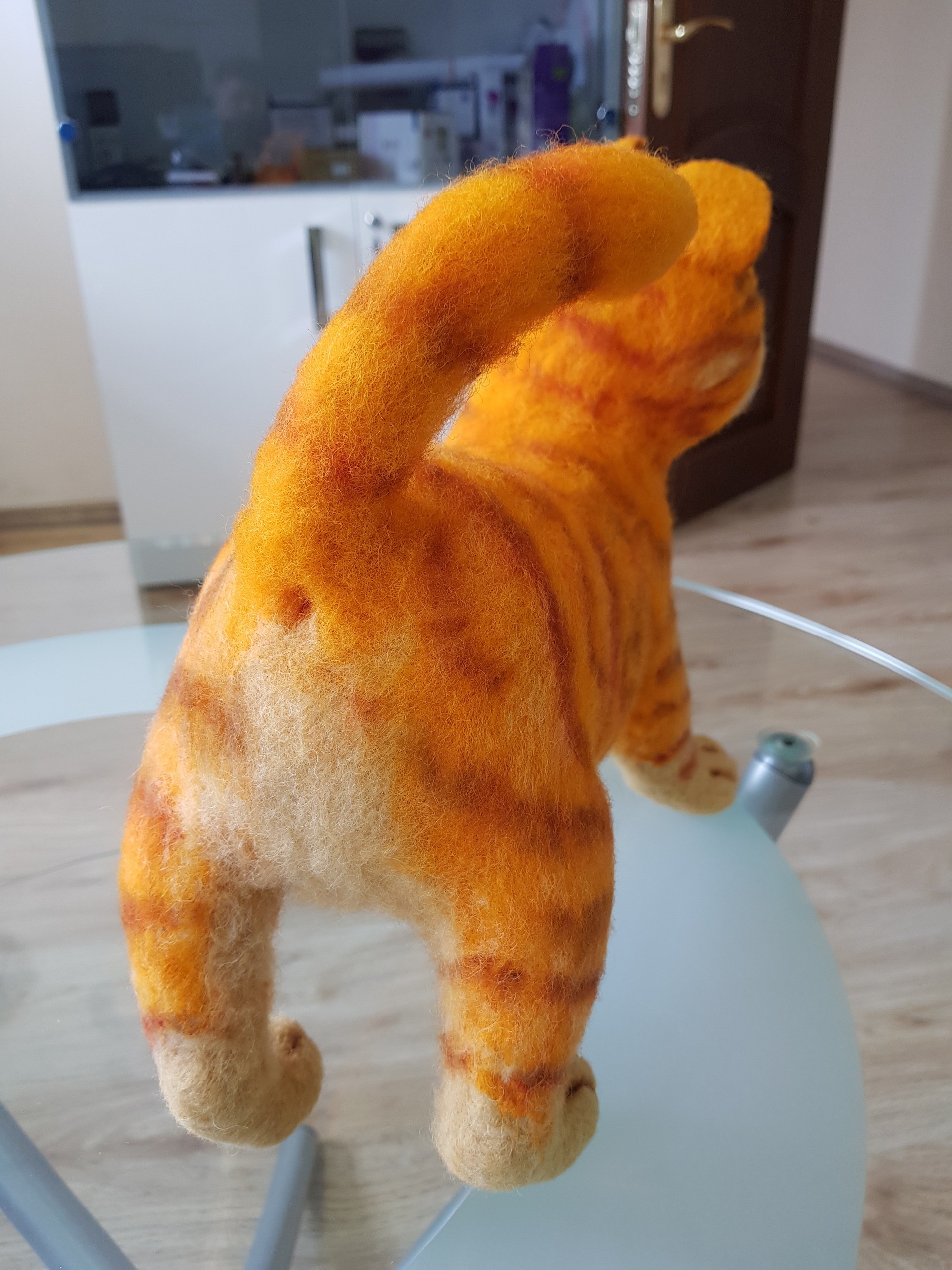 Garfield plush with a striped tail Garfield plush with a thick striped tail and rust stripes along the back, felted by hand to order