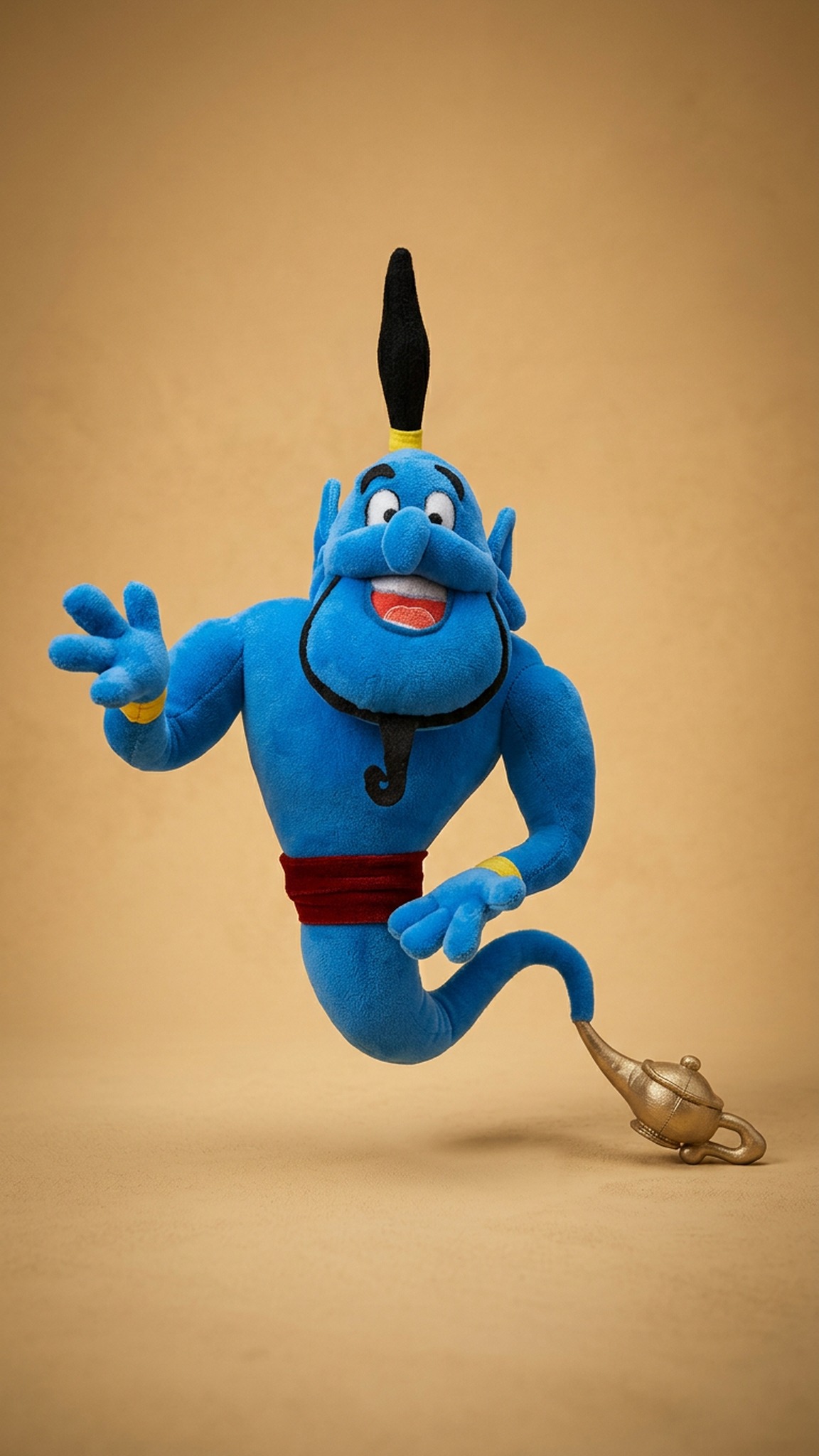 Blue genie plush handmade to order, waving hand, black topknot and a golden lamp on the tail tip