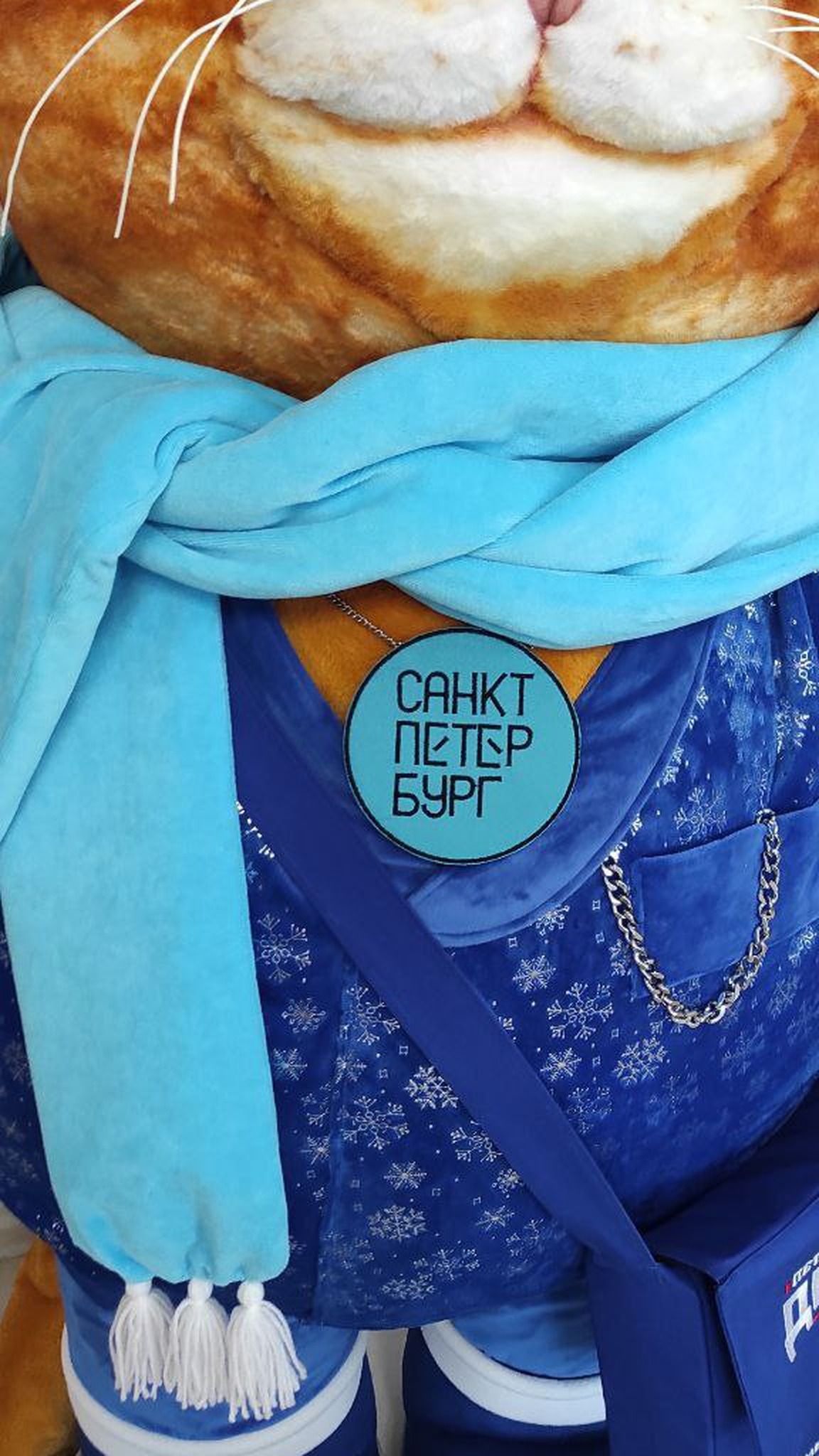 Giant cat plush details: light-blue scarf with white yarn tassels, round badge and a chain on the pocket