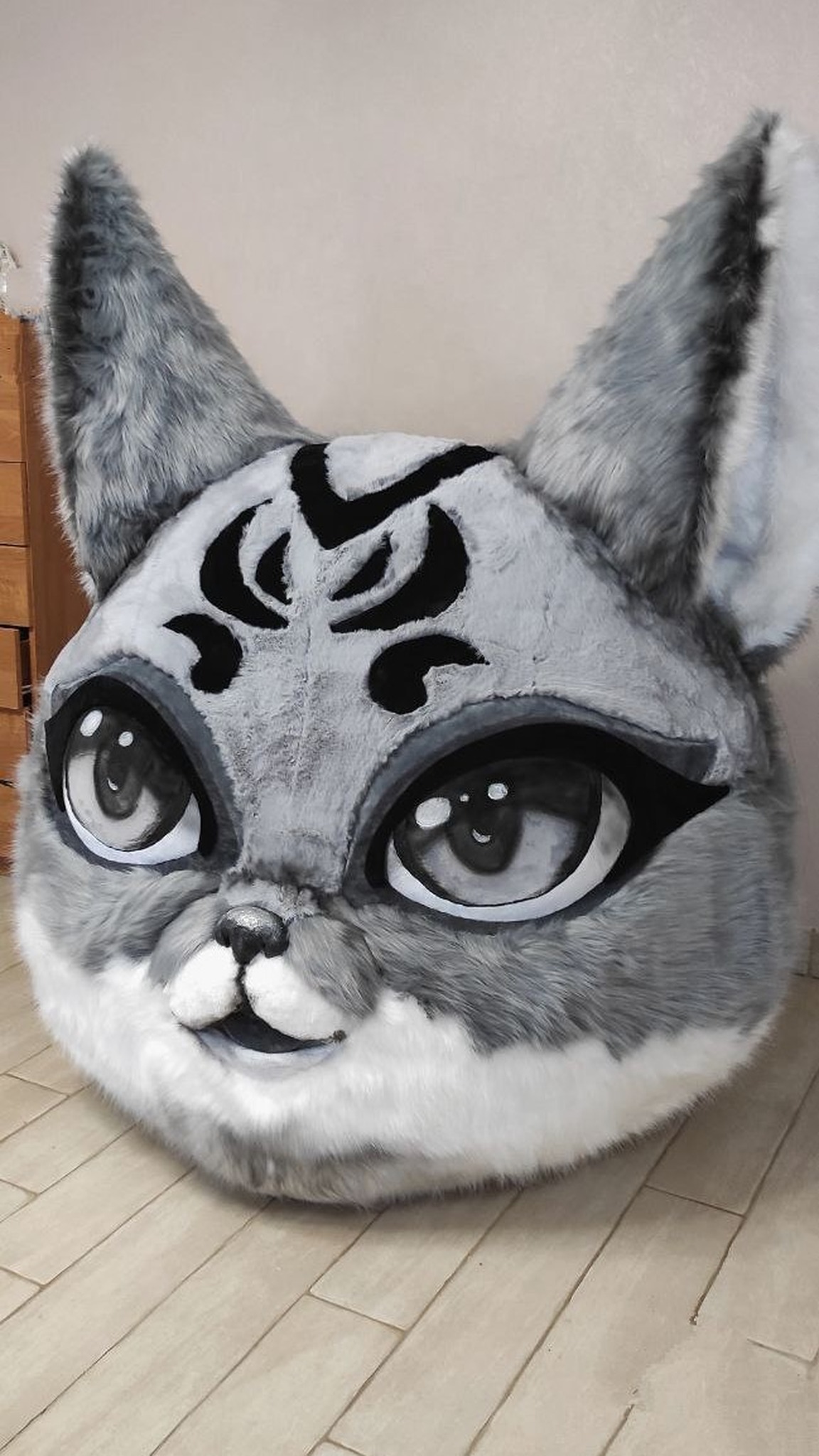 Handmade giant fox head plush with big anime eyes, white cheeks and tall grey faux fur ears, made to order
