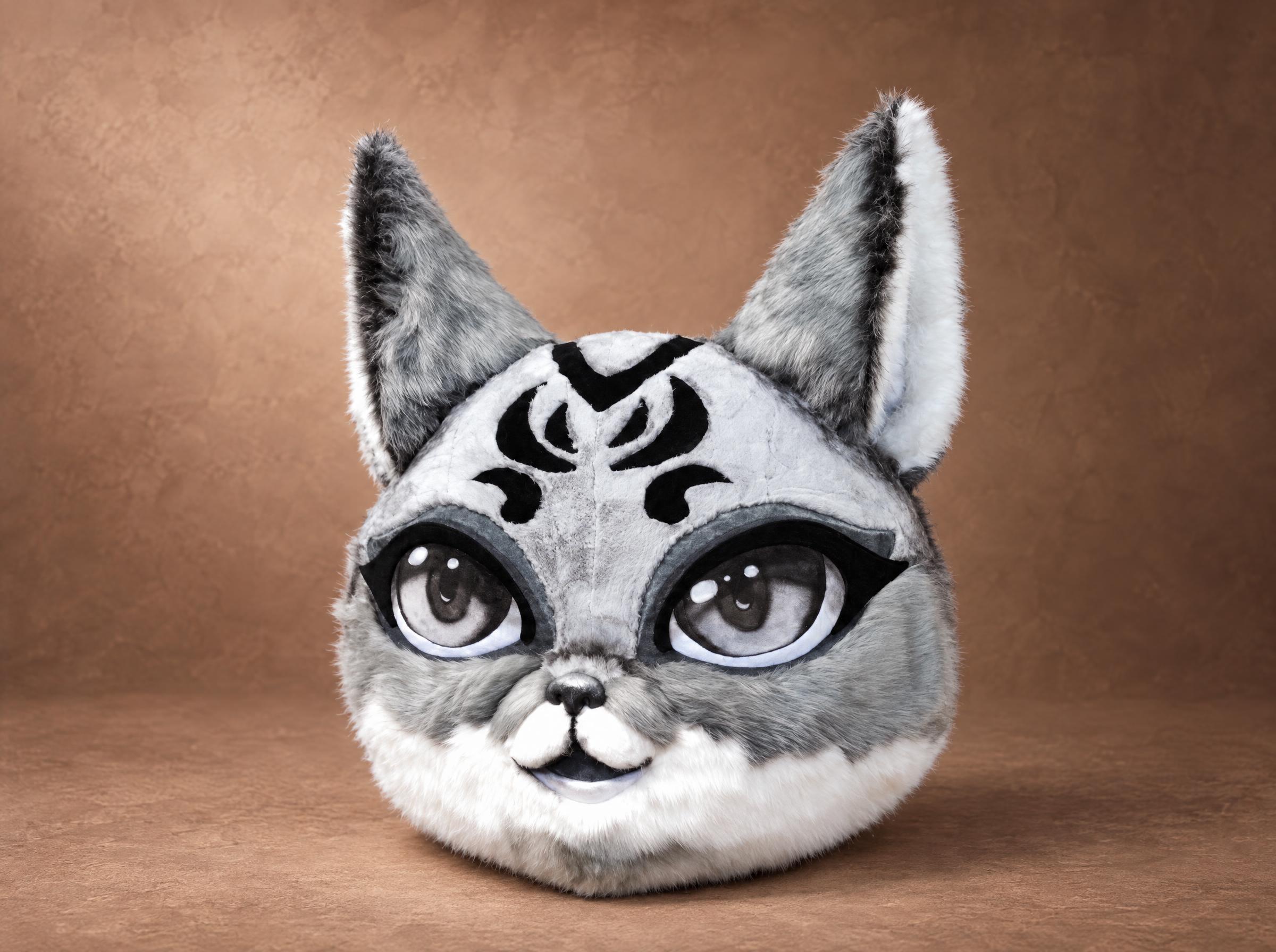 Giant fox head plush in anime style: grey and white faux fur, painted eyes, black forehead pattern, made to order