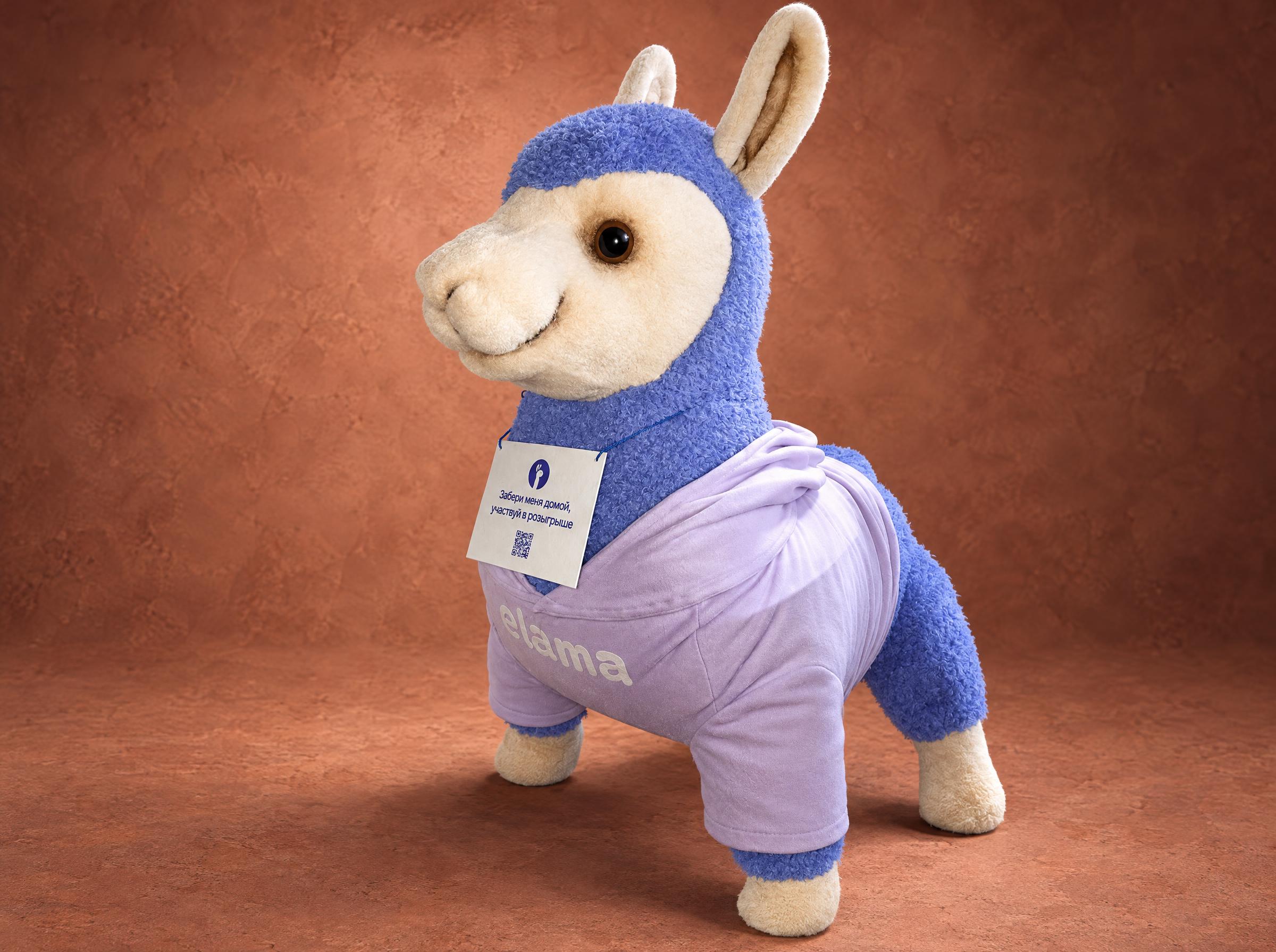 Giant llama plush mascot, 180 cm, blue and cream with a lilac logo hoodie, handmade to order for a brand