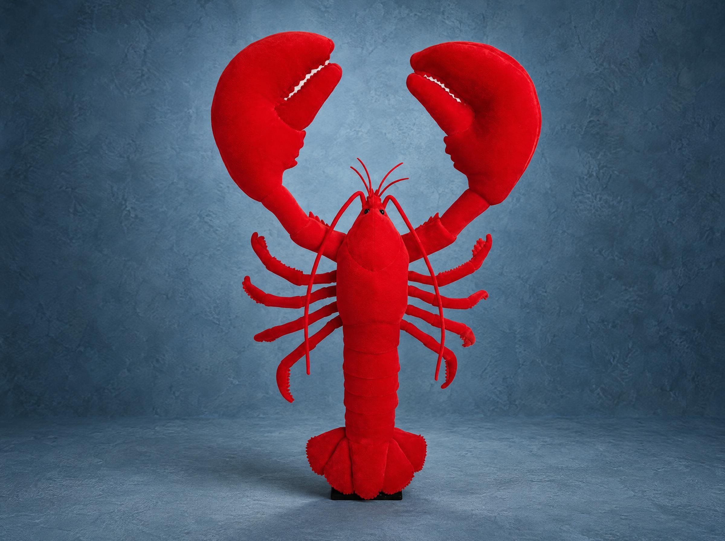 Giant lobster plush mascot, made to order Giant lobster plush mascot in bright red, 170 cm tall with big padded claws, handmade to order for a bar