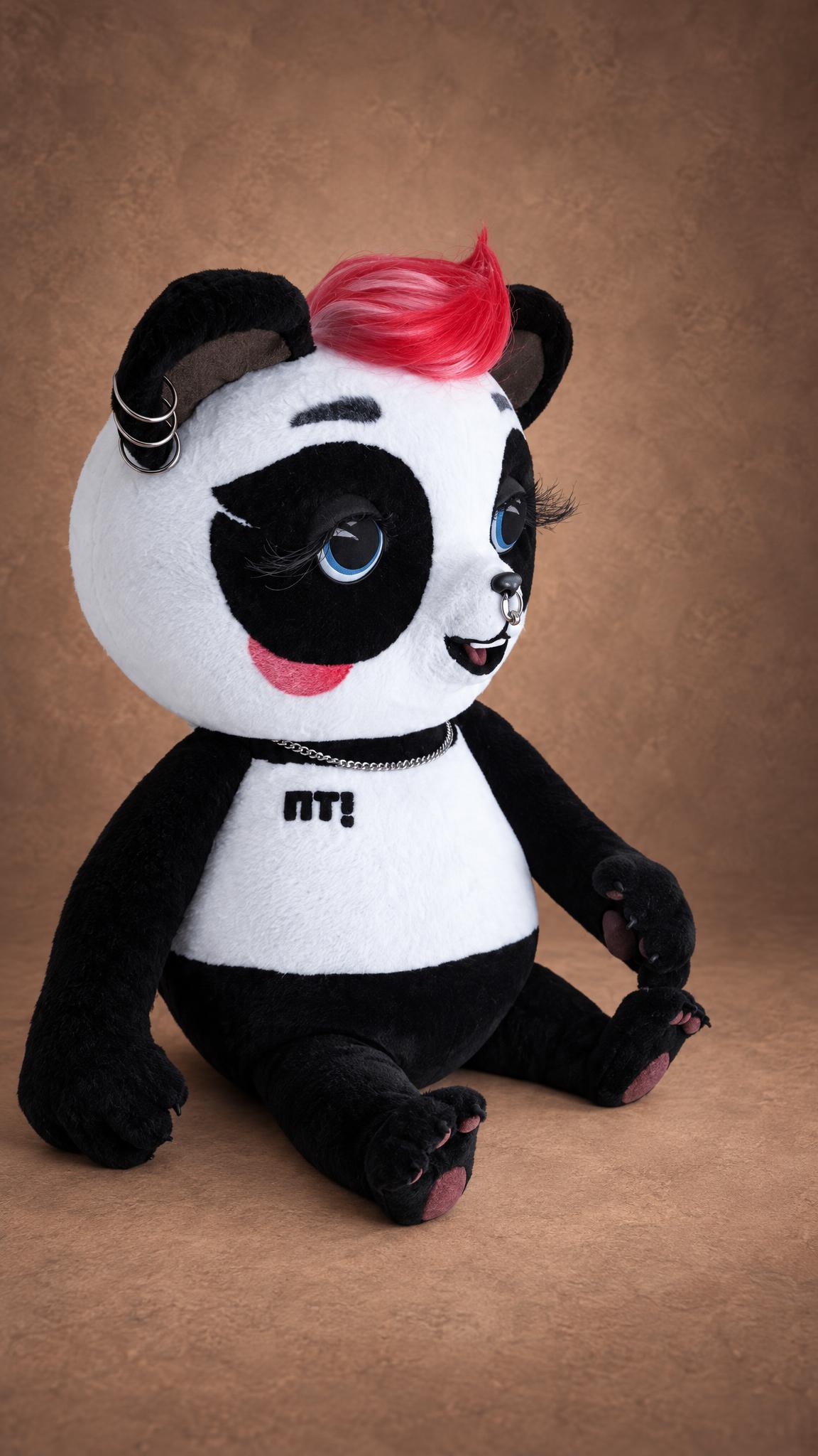 Custom panda mascot plush, 140 cm tall, with red hair and a chain necklace, sewn by hand to order