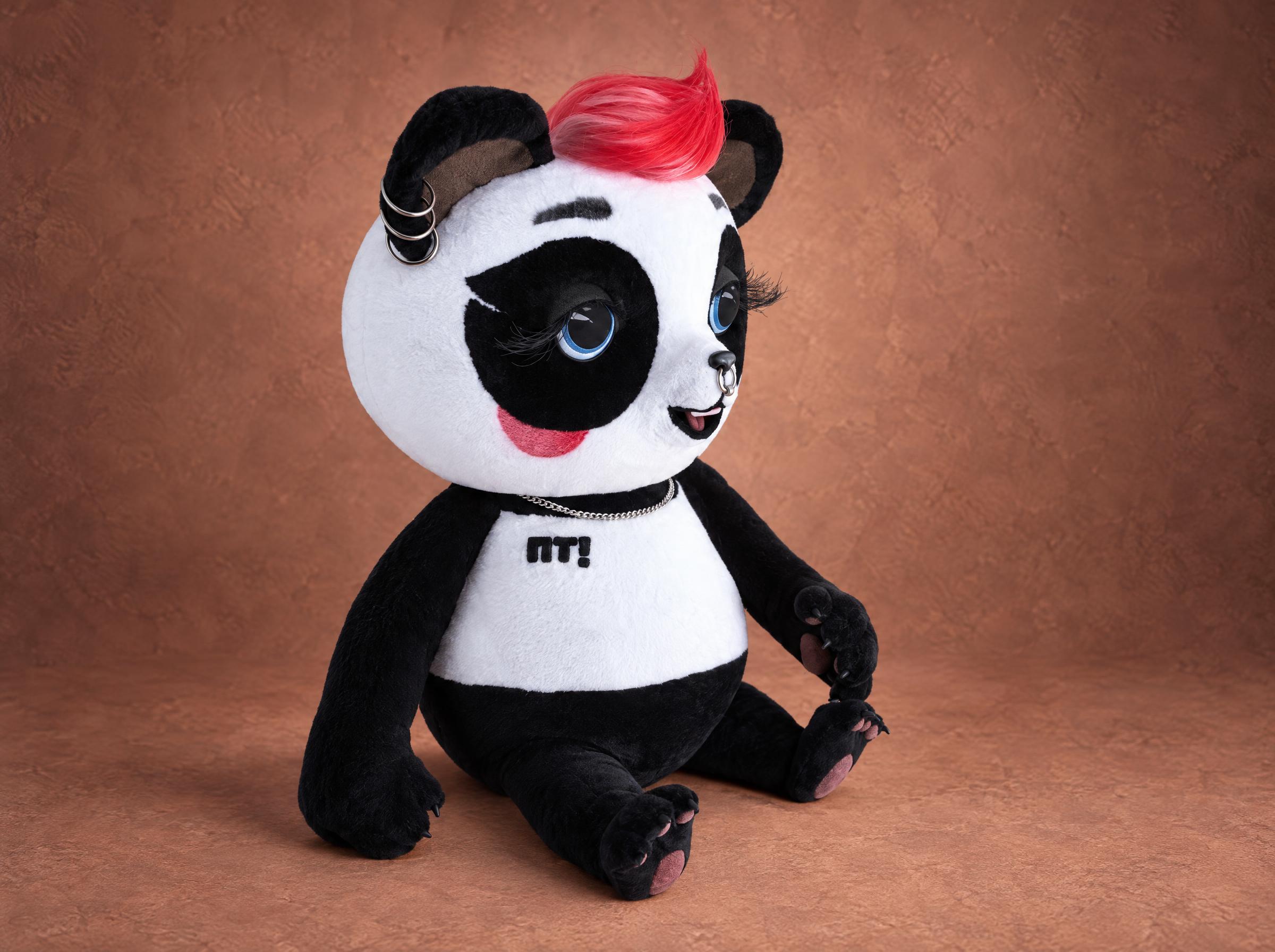 Giant panda mascot plush with a red mohawk, ear rings and chain, handmade to order for a TV channel