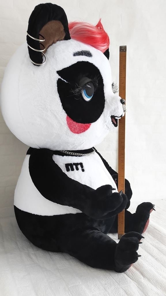 Giant panda plush, 140 cm Giant panda mascot plush beside a ruler, 140 cm tall, with ear rings and chain, handmade to order