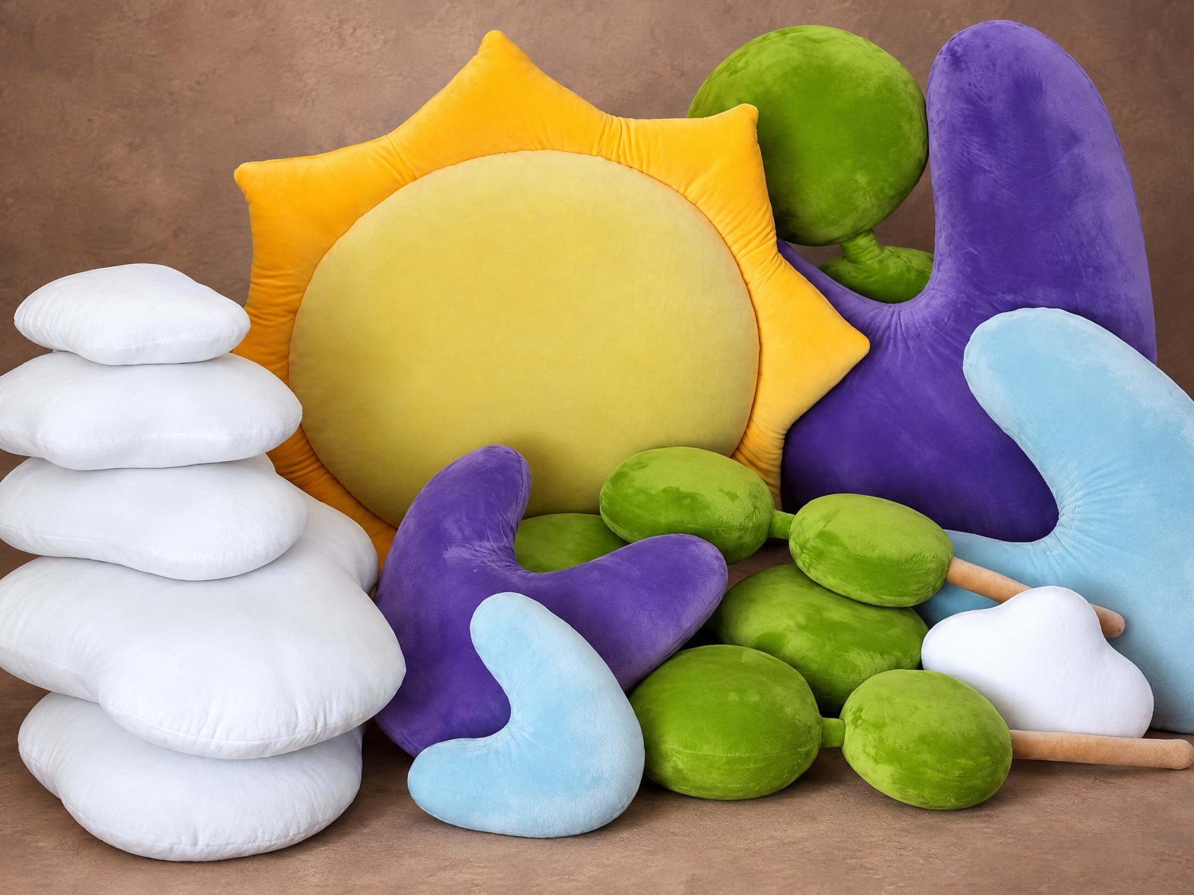 Soft brand decor set made to order: plush sun, green trees, violet and blue hearts and white cloud cushions