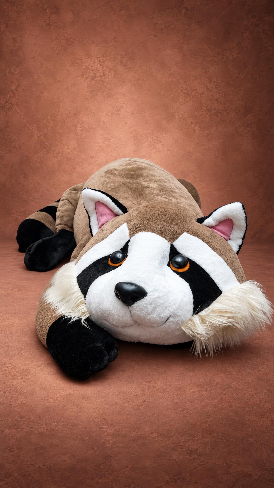 Custom giant raccoon stuffed animal with amber eyes, pink-lined ears and black paws, sewn by hand to order