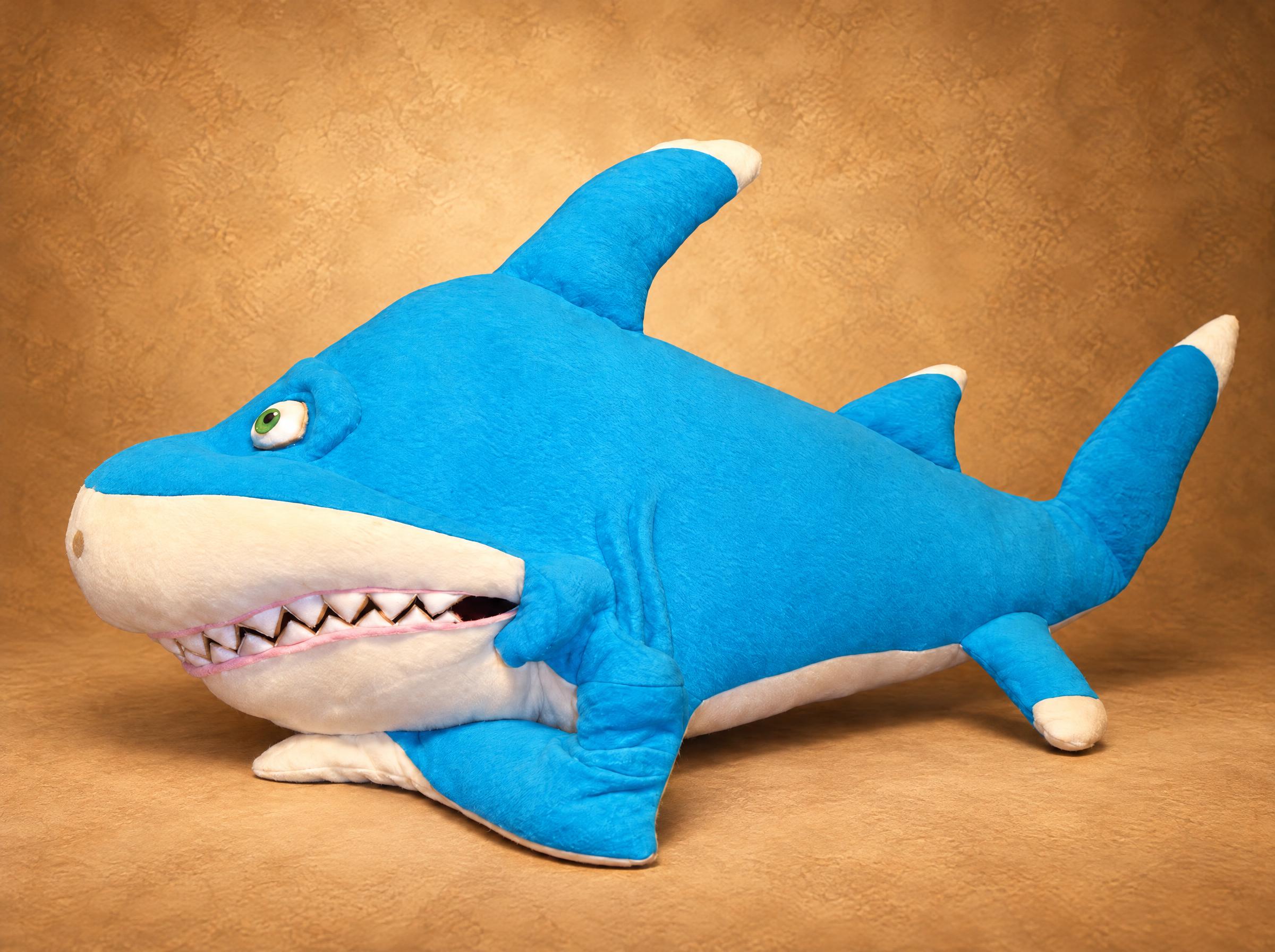 Giant shark plush of Julius from SeeFood, handmade to order: turquoise fleece, cream fin tips, pink-edged grin