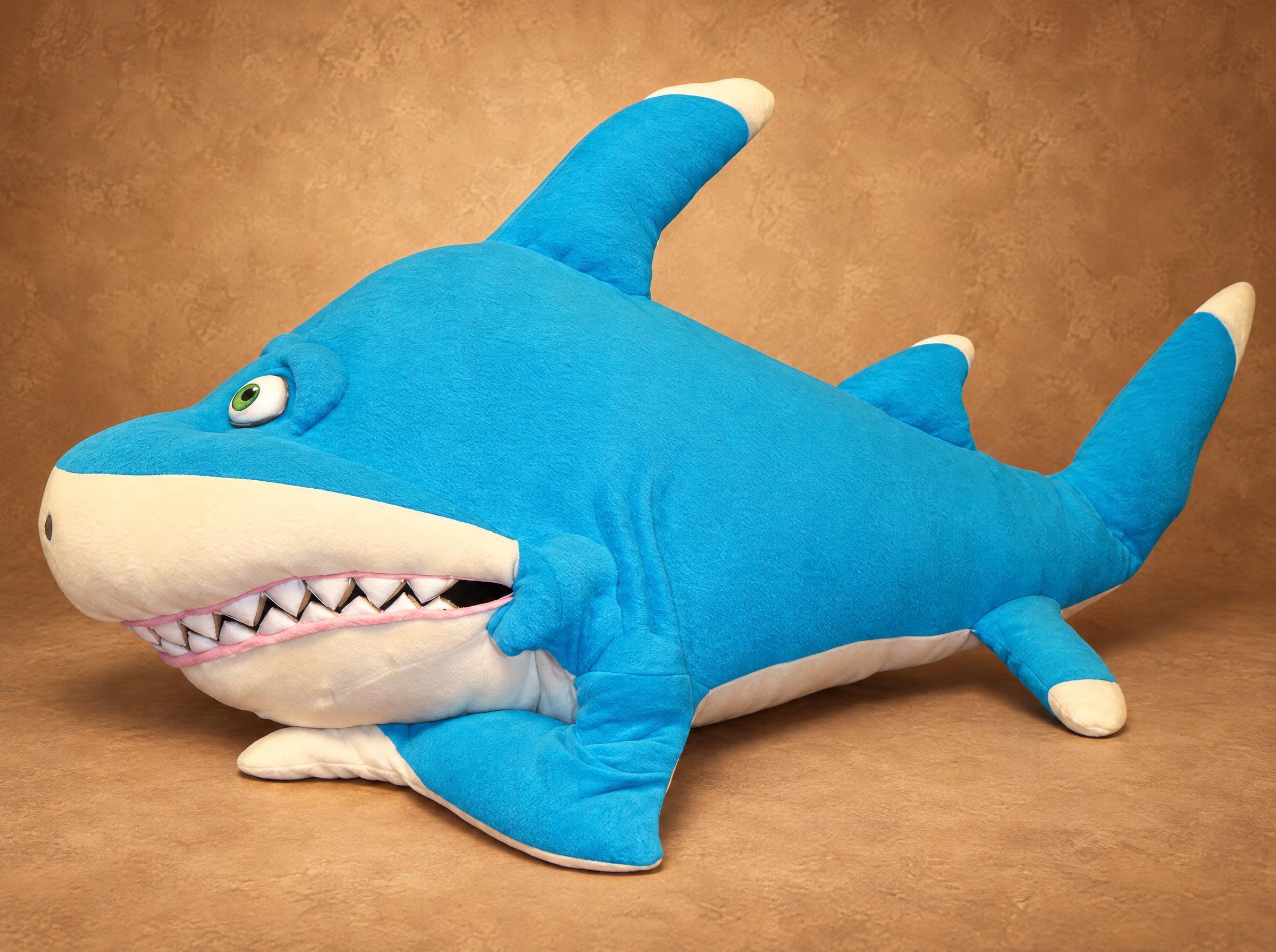 Giant shark plush of Julius from SeeFood, handmade to order: turquoise fleece, cream fin tips, toothy grin